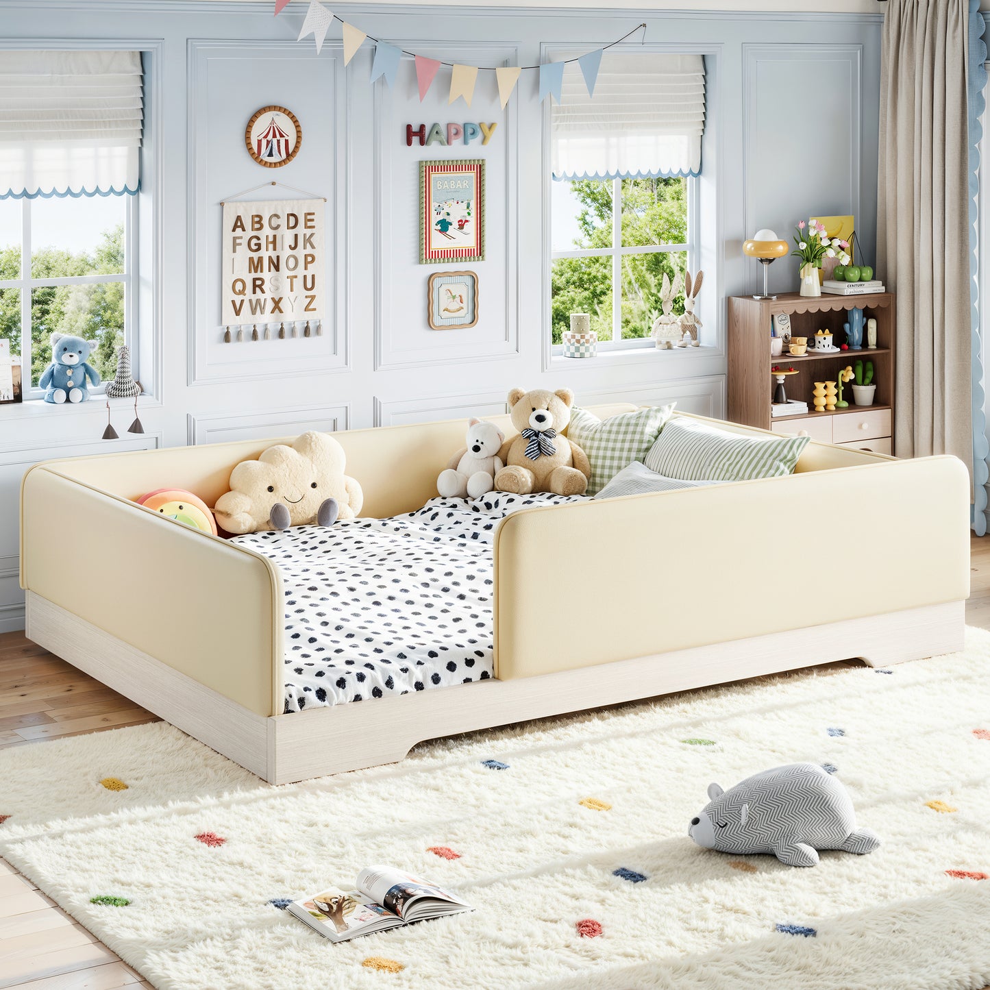 variant-group:rf-w1580s00673|Roomfitters Queen Size Upholstered Floor Bed Frame with Removable Guardrails, Faux Leather Low Profile Platform, Beige