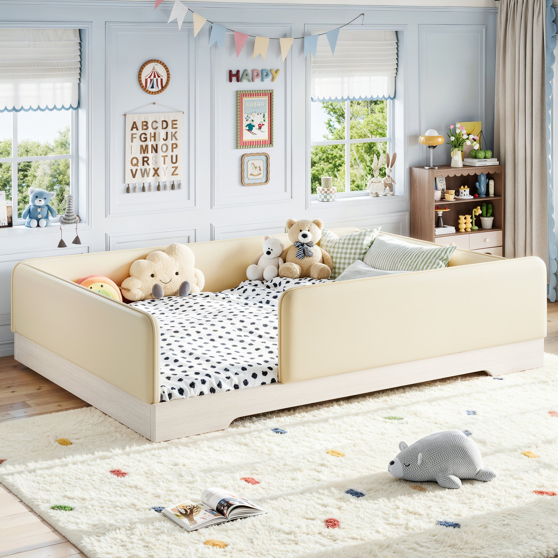 variant-group:rf-w1580s00673|Roomfitters Queen Size Upholstered Floor Bed Frame with Removable Guardrails, Faux Leather Low Profile Platform, Beige