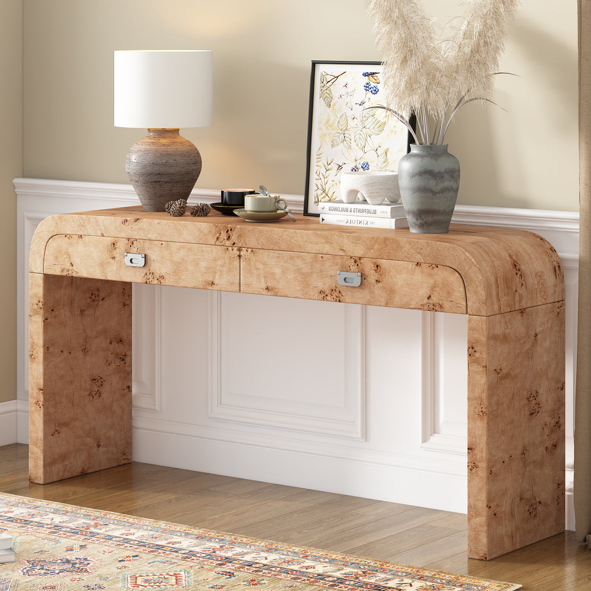 variant-group:rf-n711p216235d|Roomfitters Modern Entryway Table with Burl Wood Veneer, Ideal for Entryway, Hallway, Living Room, Foyer, or Corridor, Natural Wood and Brown