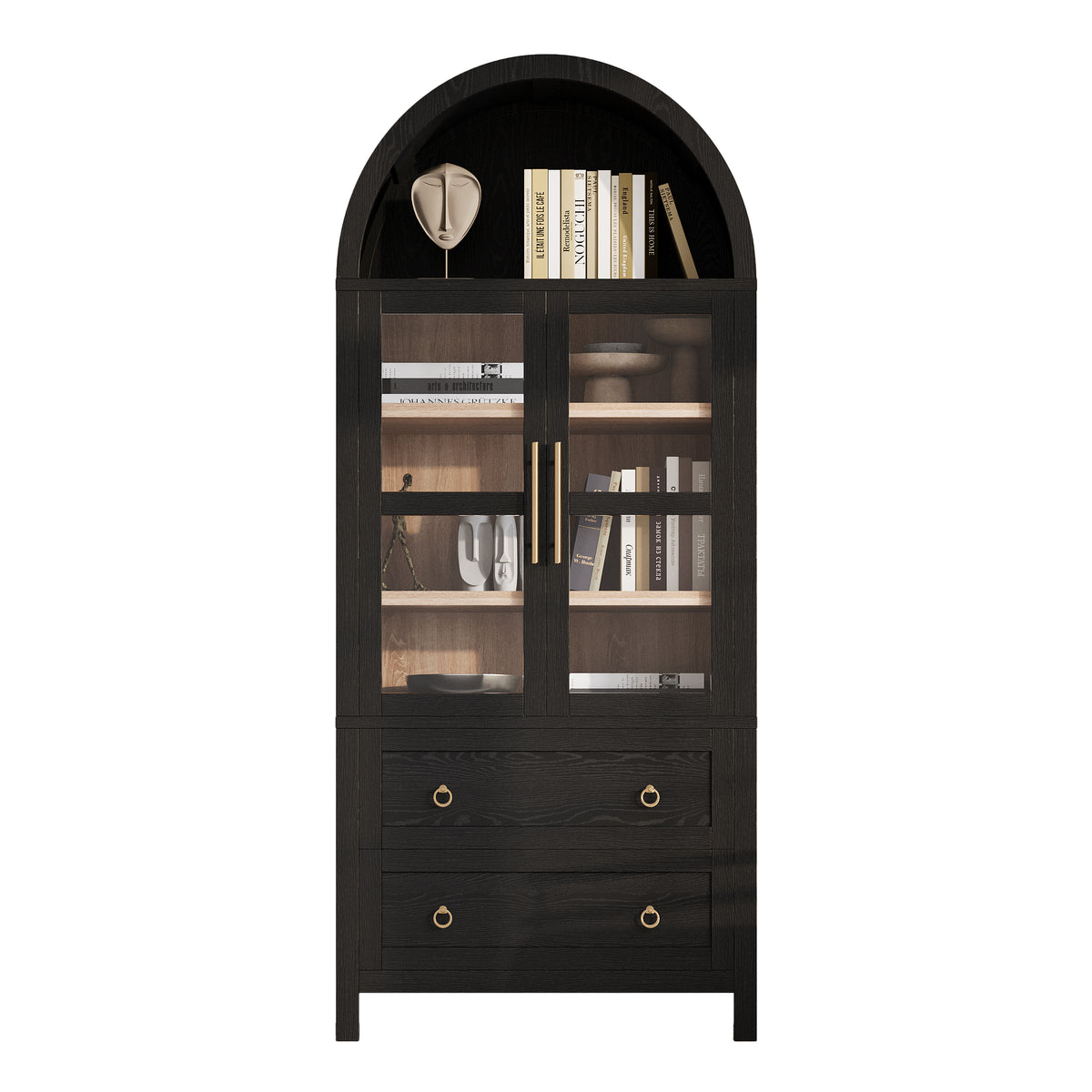 variant-group:rf-n707p288972b|Roomfitters 71" Pantry Cabinet with Arched Top and Glass Doors, 2 Storage Drawers and Adjustable Shelves for Kitchen, Black