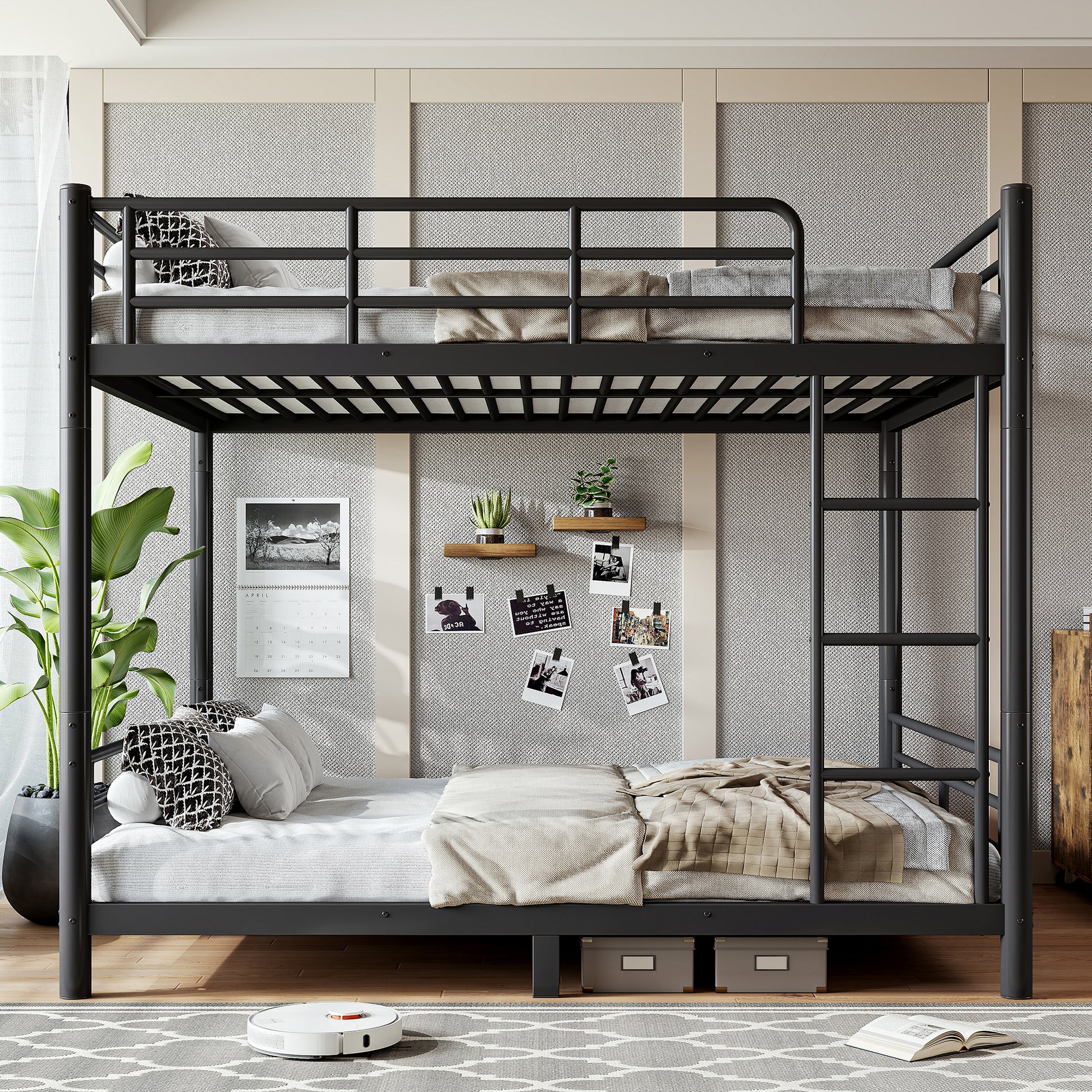 variant-group:rf-w1580s00607|Roomfitters Queen over Queen Metal Bunk Bed Frame for Teens Adults, Convertible 2 Separate Beds Round Tube, Black