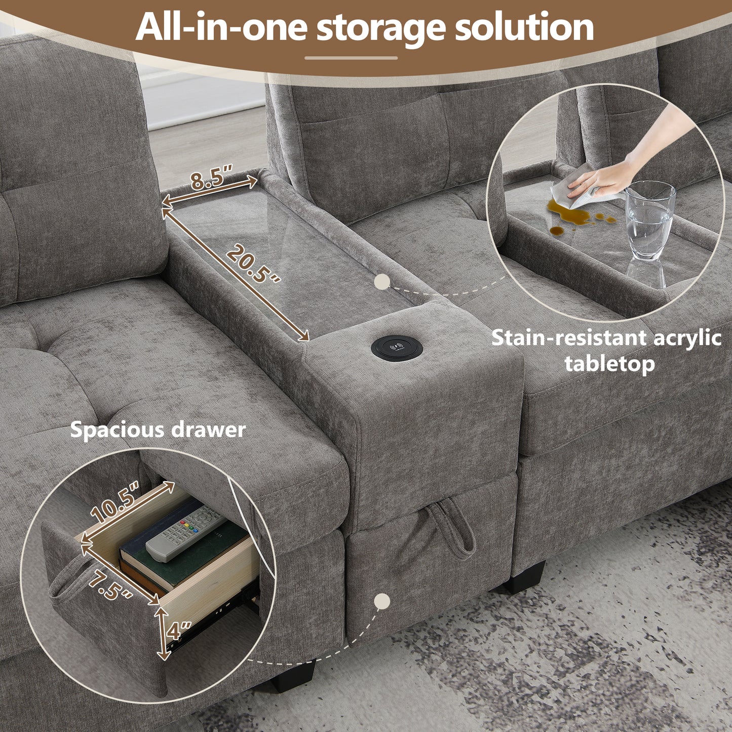variant-group:rf-n723s1191e|Roomfitters 104 Inch Modular Sectional Sofa with Console and Cup Holders, Upholstered L-Shape Couch for Home Decor, Gray