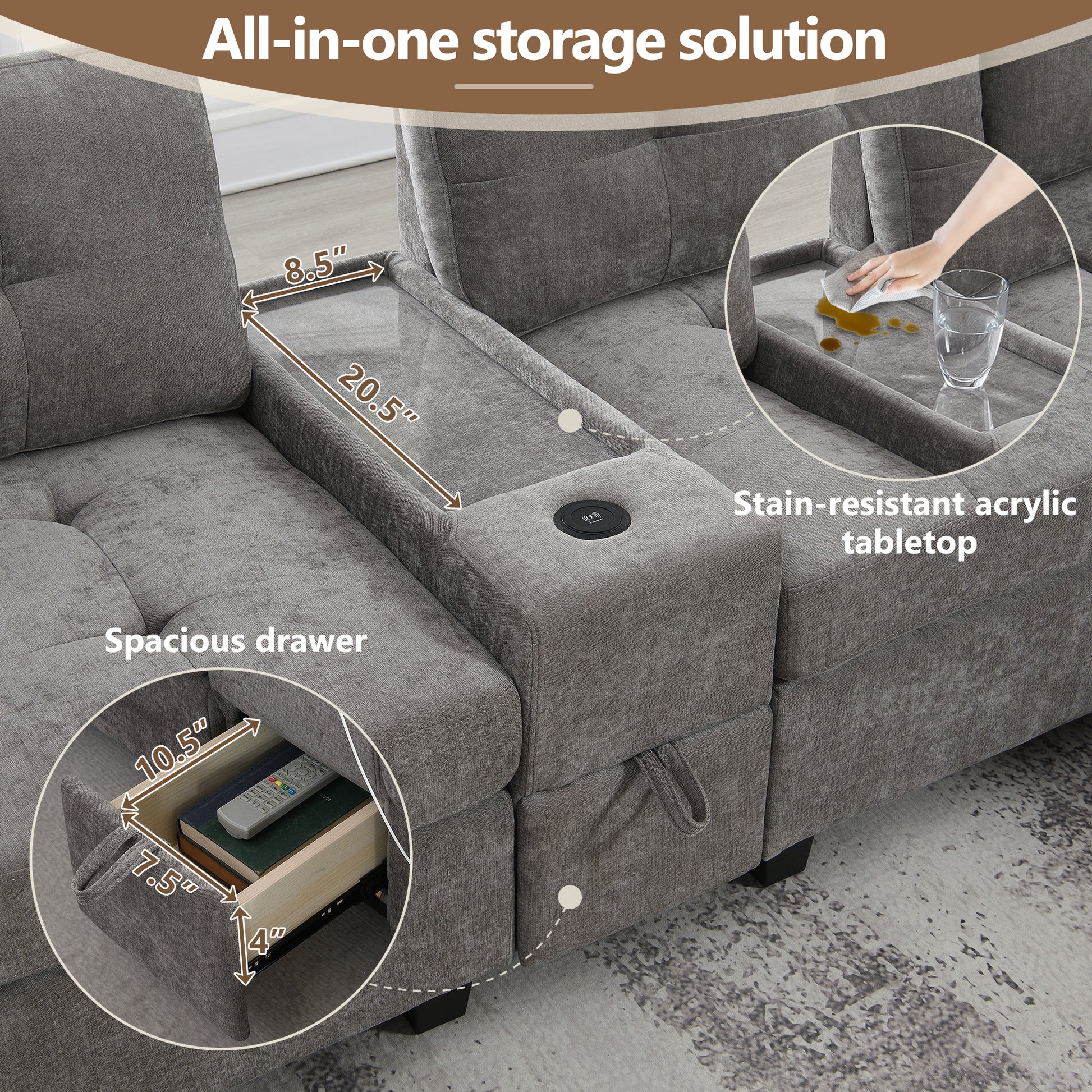 variant-group:rf-n723s1191e|Roomfitters 104 Inch Modular Sectional Sofa with Console and Cup Holders, Upholstered L-Shape Couch for Home Decor, Gray