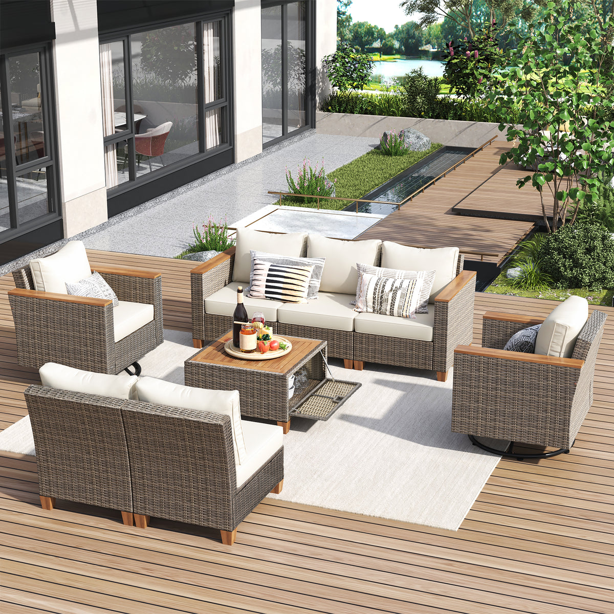 variant-group:rf-n707s005016z|Roomfitters 8-Piece Patio Furniture Set with 360 Swivel Rocker Chairs, Modular Outdoor Sectional Sofa & Table, Beige+Brown