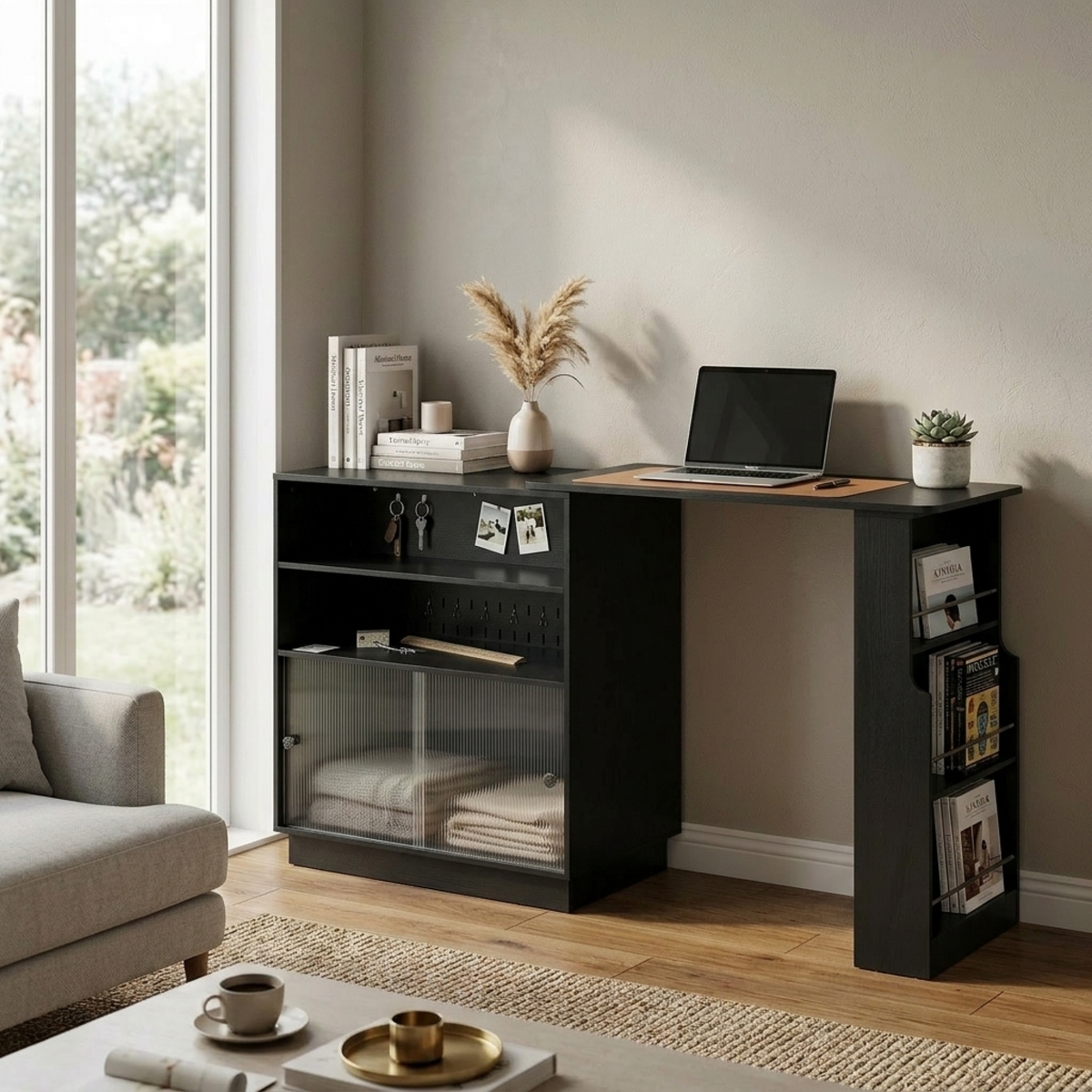 variant-group:rf-n711p437809b|Roomfitters Black MDF Counter Height Kitchen Island Sideboard Cabinet, Extendable Table, Acrylic Sliding Doors