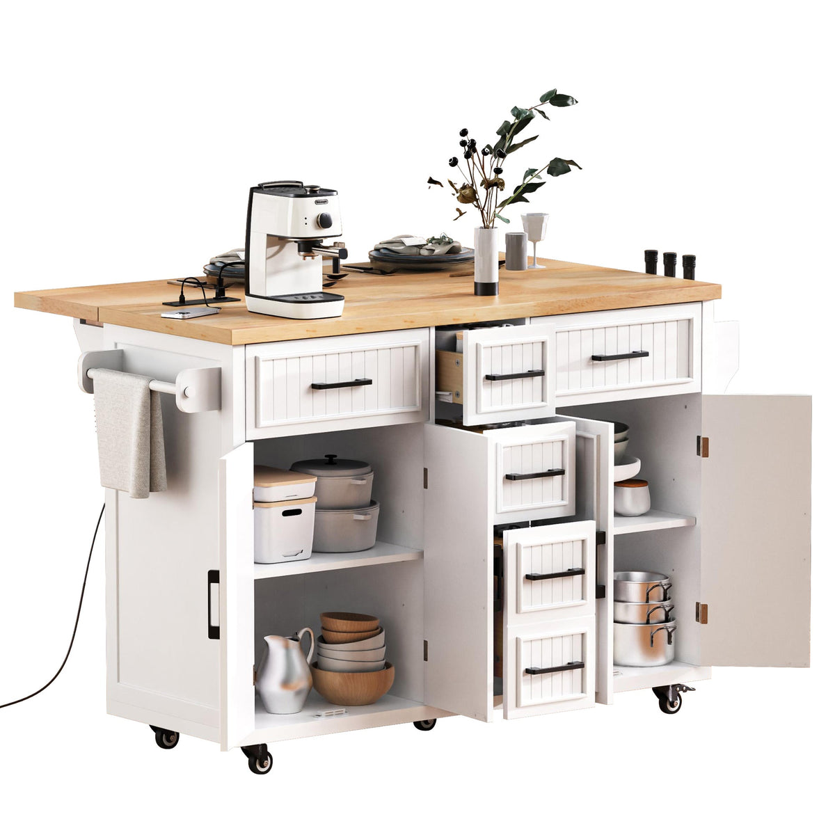 Roomfitters 56.5" Kitchen Island with Drop Leaf, Rolling Kitchen Cart with 5 Storage Drawers, Spice Rack & Towel Holder, White