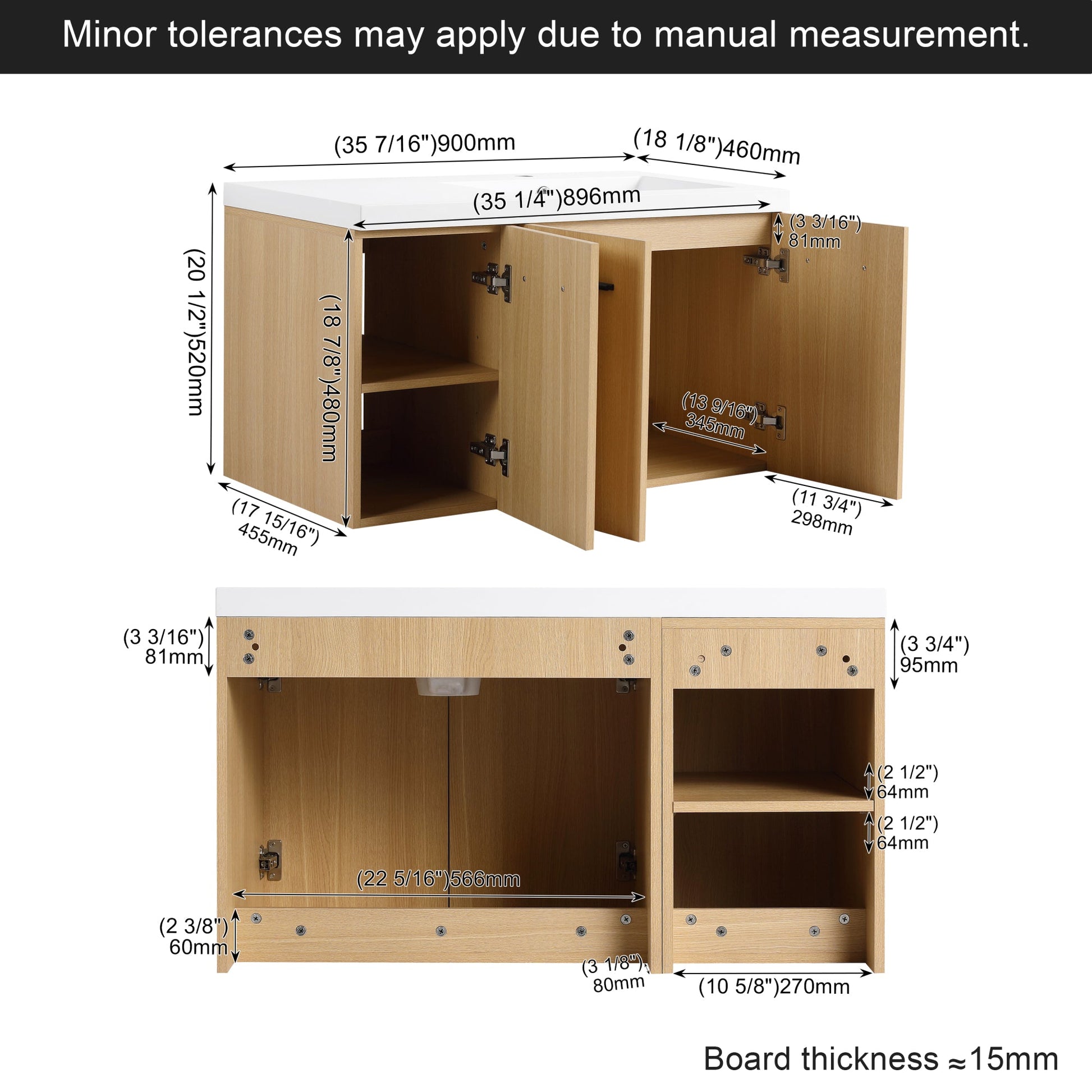 36" Wall-Mounted Floating Bathroom Vanity with Sink, Light Oak, 3-Door Modular Cabinet (2-Door + 1-Door), Gel Coat Integrated Sink Top, 3 Boxes, Ready-to-Assemble Roomfitters