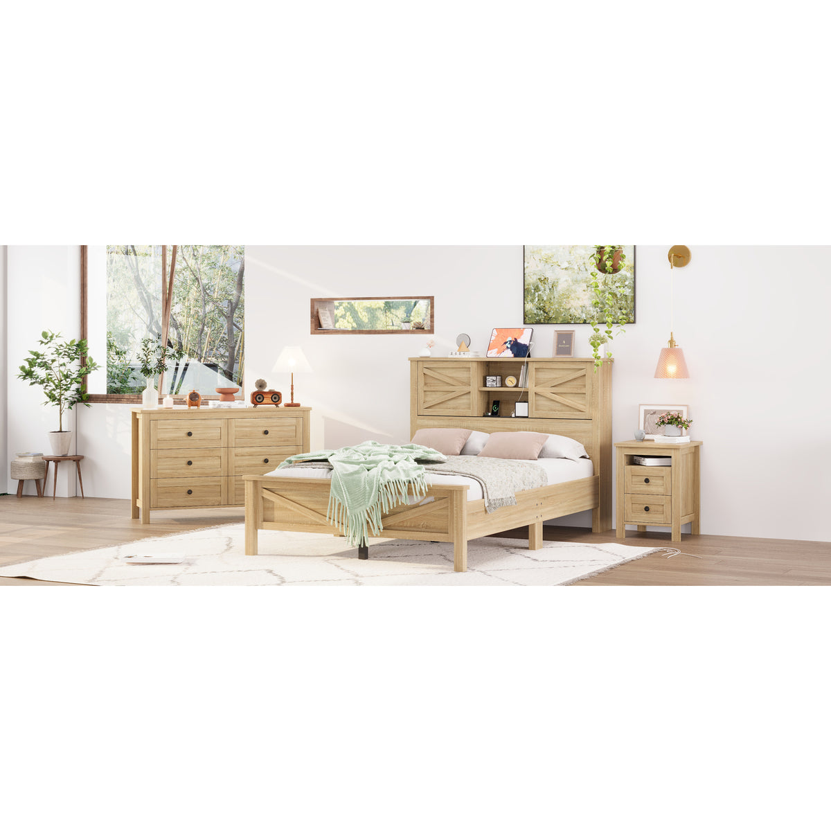 variant-group:rf-n733s369048m|Roomfitters 3 Piece Bedroom Set, Full Farmhouse Platform Bed with Sliding Headboard, Bedside Tables, Natural