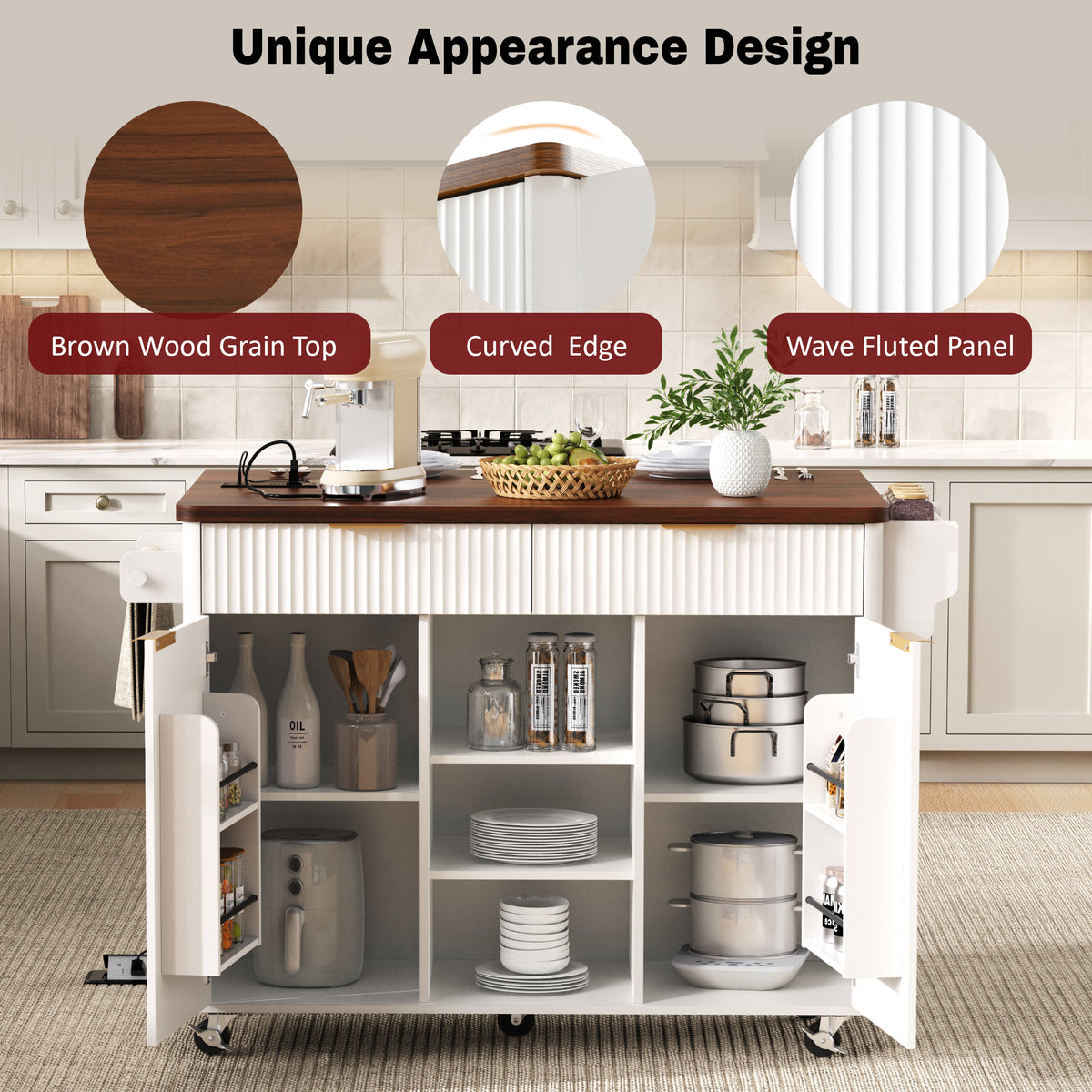 variant-group:rf-n707s000019w|Roomfitters 52" Fluted Kitchen Island with Drop Leaf, Power Outlet & Walnut Wood-Grain Top, White