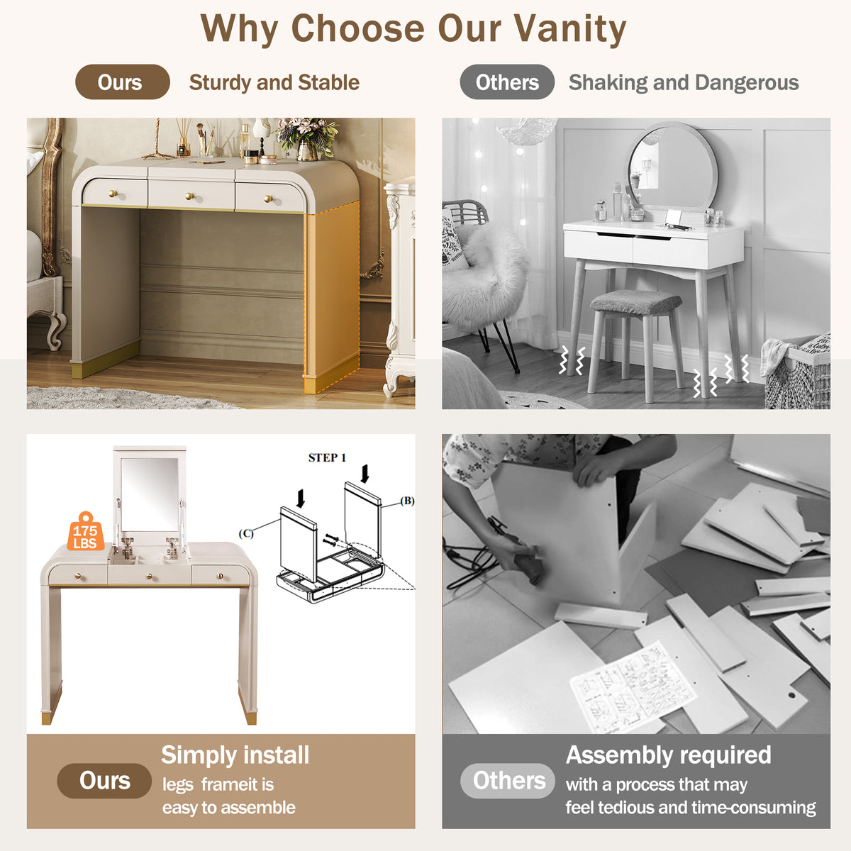 variant-group:rf-n704p381406c|Roomfitters Flip Top Vanity Desk with Mirror and Hidden Storage, Modern Makeup Table with Gold Trim for Small Space, Champagne