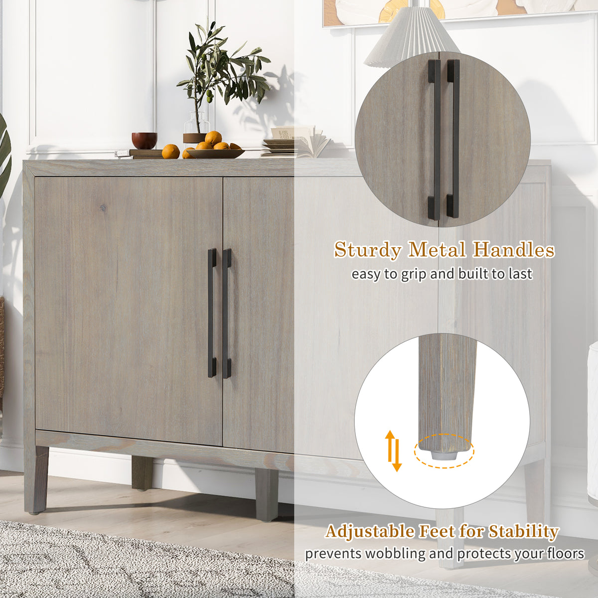variant-group:rf-n711p410389e|Roomfitters 47.25-Inch Farmhouse Sideboard, 2-Door Buffet Cabinet, Grey Wooden Storage Console, Metal Handles