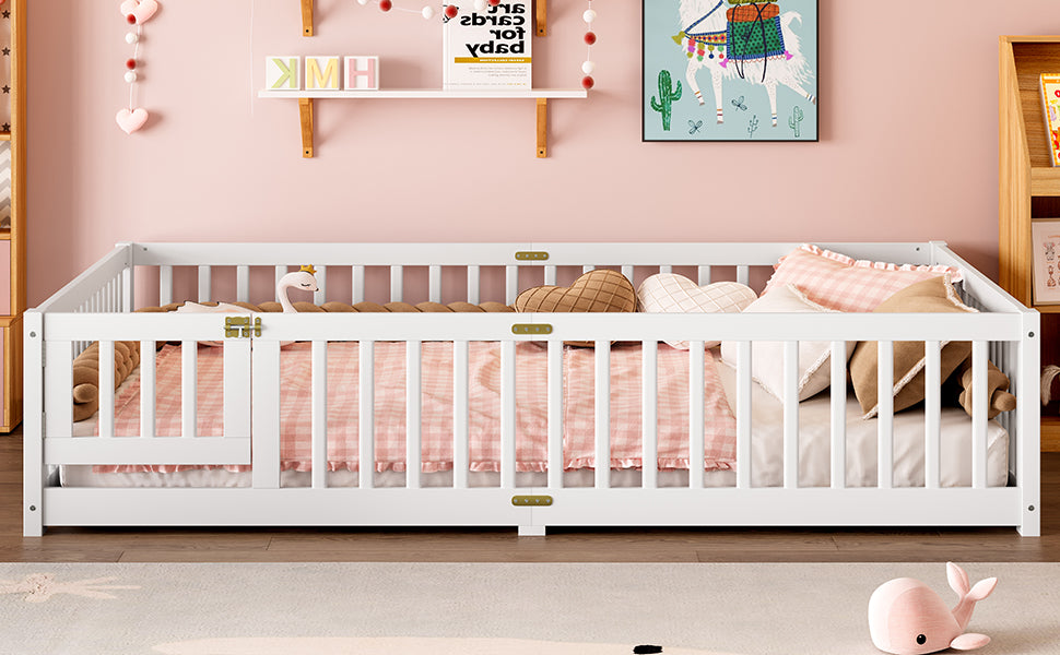 variant-group:rf-w1580p338953|Roomfitters Wooden Queen Floor Bed Frame with Door & Safety Guardrails, Low Platform Design for Bedroom or Playroom, White