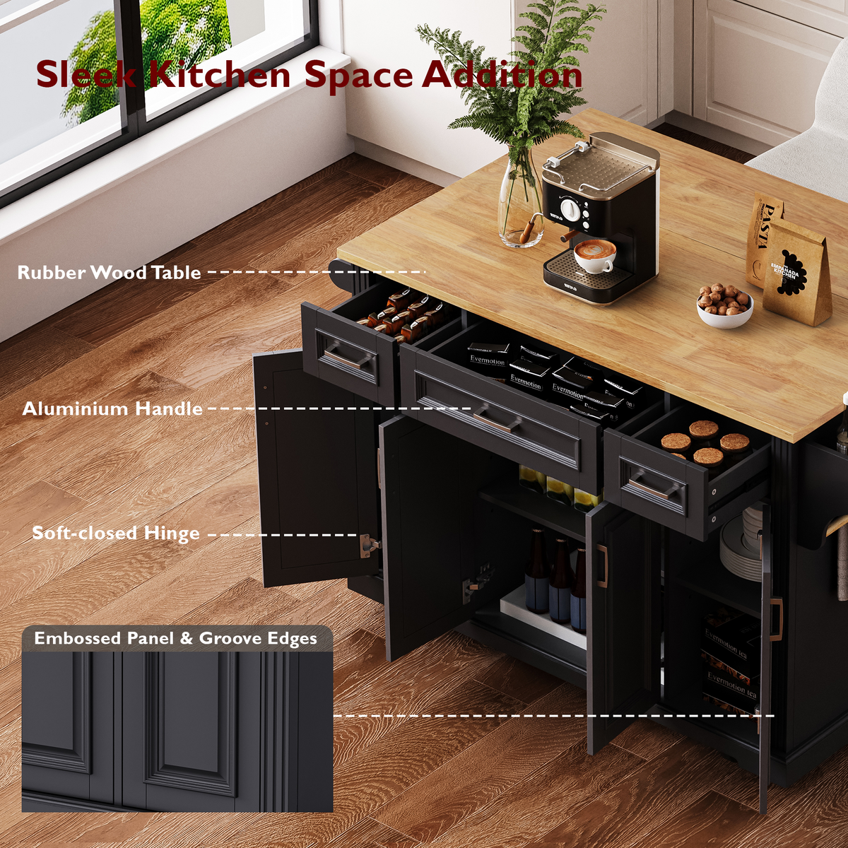 variant-group:rf-n707s195395b|Roomfitters 54" Kitchen Island with Wood Top, Rolling Storage Cabinet with 3 Drawers and 3 Doors, Spice Rack, Black