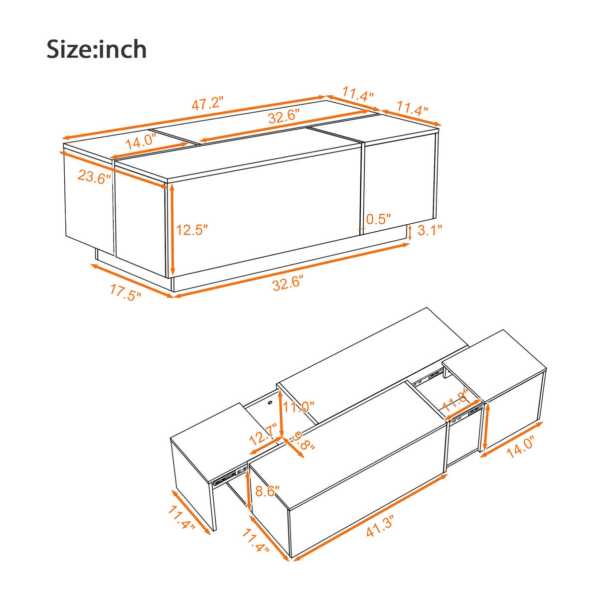 variant-group:rf-n724p292070b|Roomfitters Glossy Extendable Coffee Table with 2 Drawers and Hidden Storage Compartments, Multi-Functional Design, Black