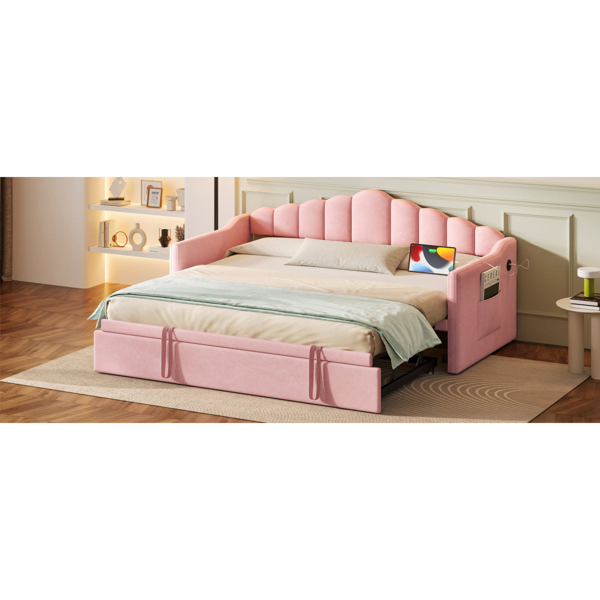 Roomfitters Upholstered Twin Size Daybed with Adjustable Pop-Up Trundle, Sofa Bed with USB & Type-C Ports and Side Pockets, Pink