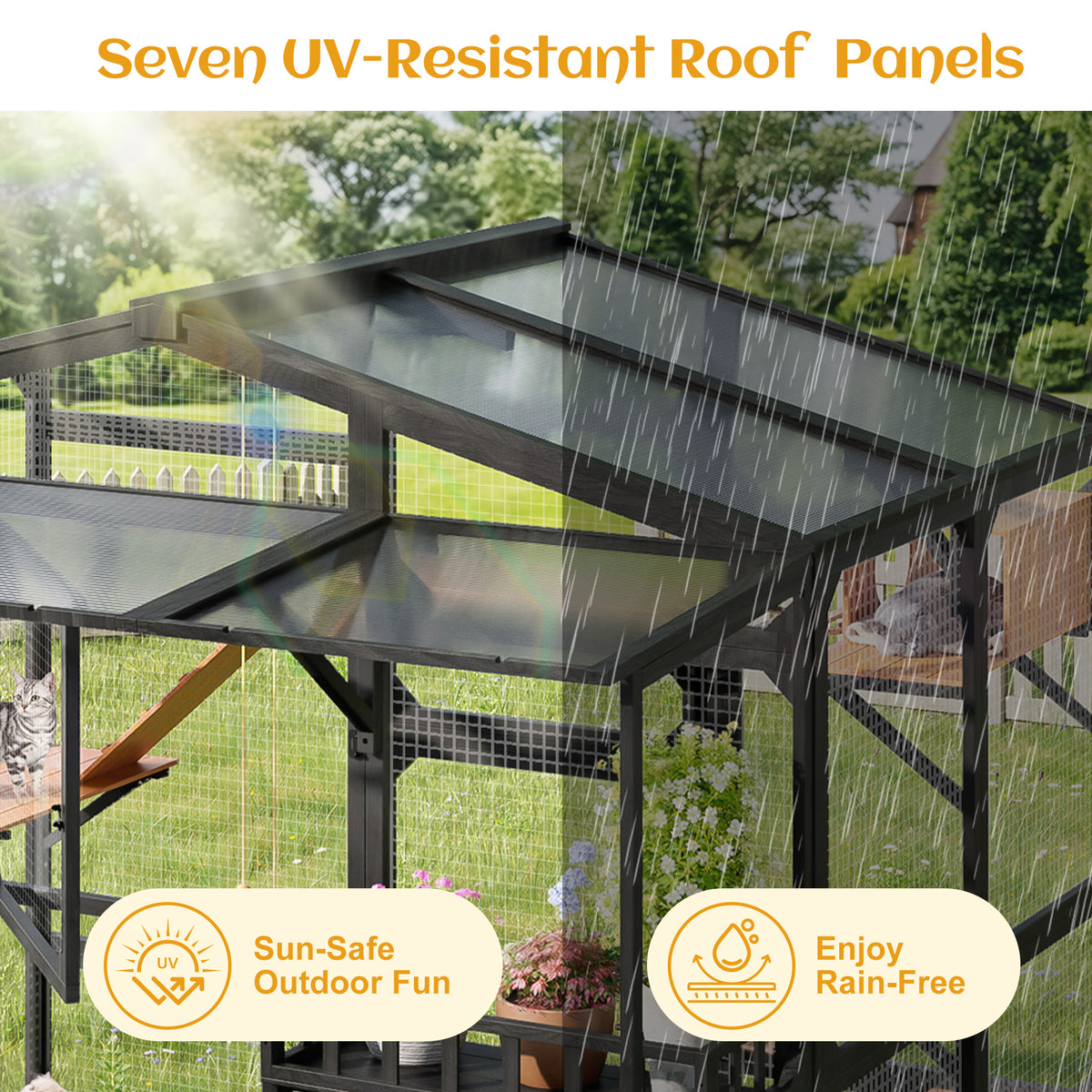 variant-group:rf-n704g201620b|Roomfitters Extra Large Wood Catio Cat Cage Outdoor Kennel with Transparent Sunroof and Dual Storage Shelves Black