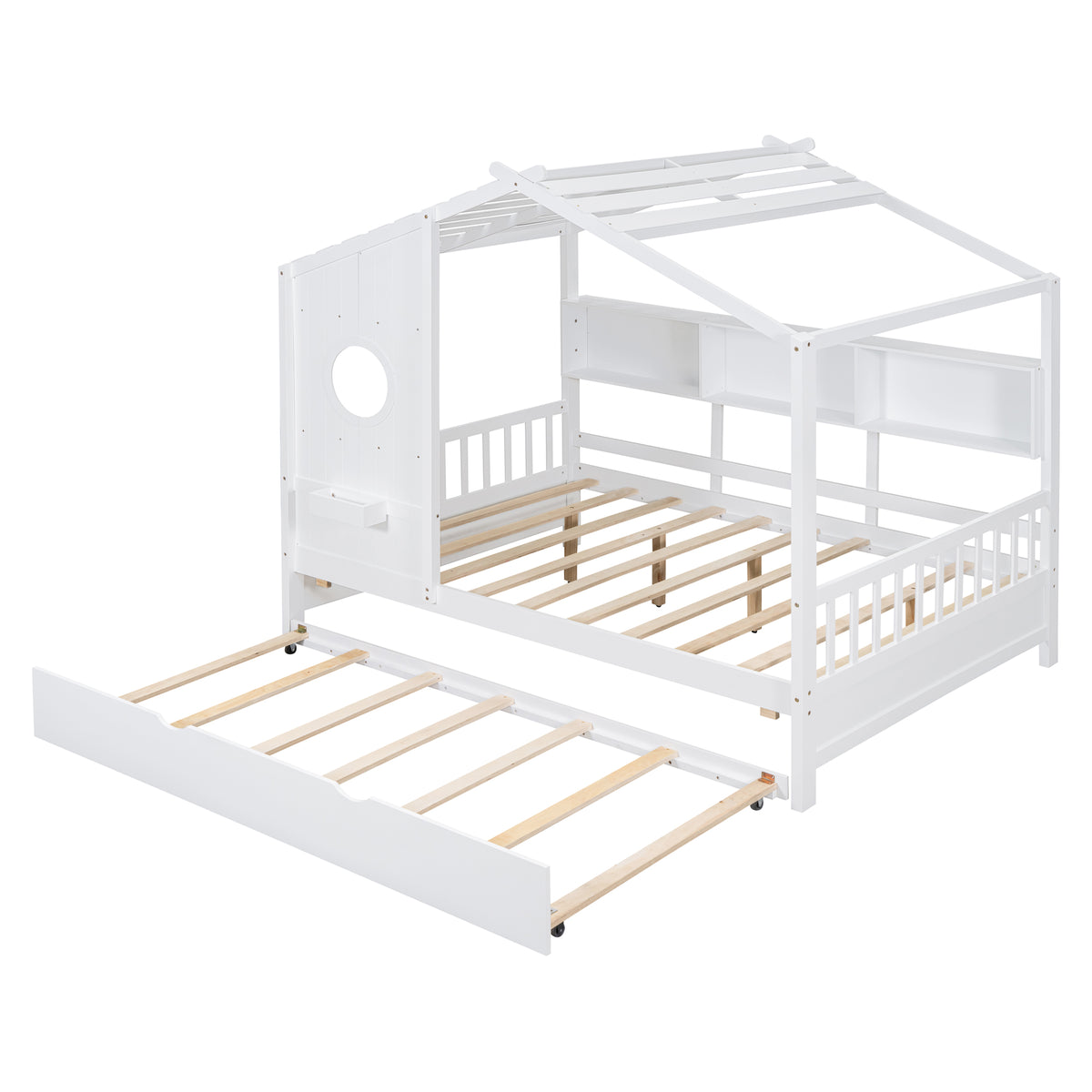 variant-group:rf-n733s316125k|Roomfitters Wooden Full Size House Bed with Trundle and Storage Shelf, White
