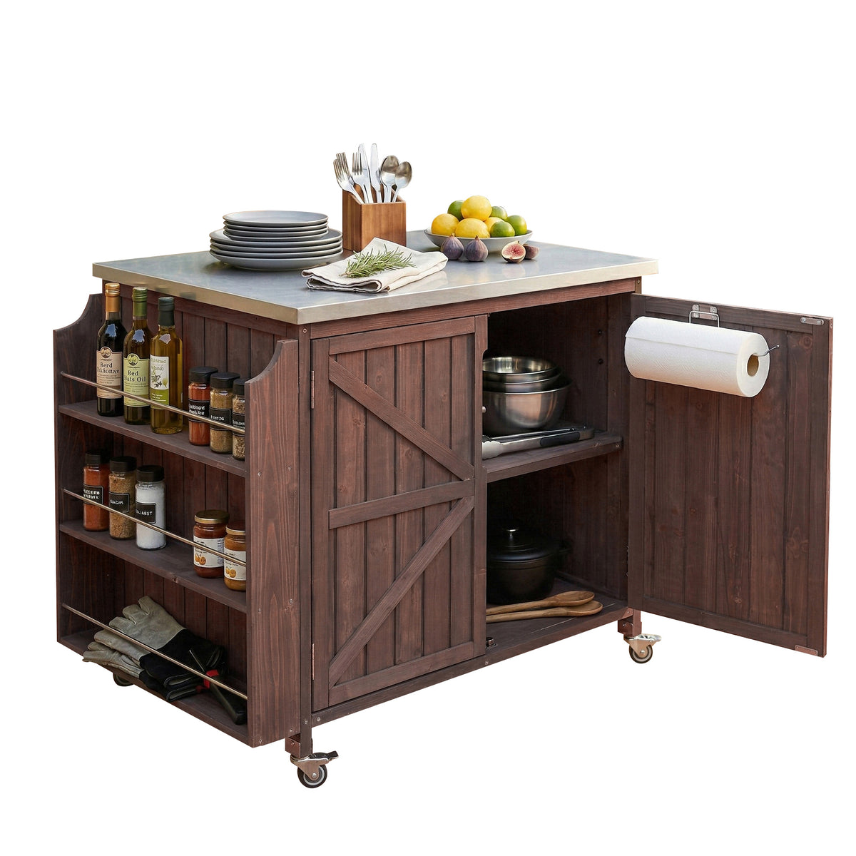 variant-group:rf-n707p370287z|Roomfitters 42.1" Grill Cart, Outdoor Kitchen Island with Stainless Steel Top, BBQ Prep Station with Spice Rack, Dark Brown