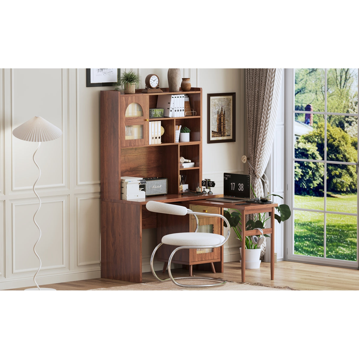 variant-group:rf-n733s363716d|Roomfitters Rotating L-Shaped Computer Desk with Shelves and Storage, 90° Swivel Office Writing Desk, Walnut