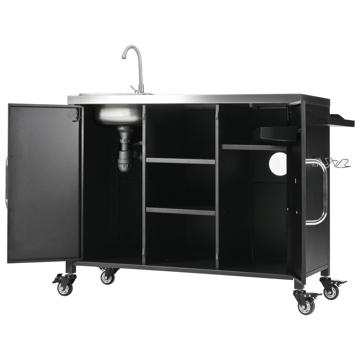 Roomfitters 55.5" Outdoor Kitchen Island with Stainless Steel Sink, Rolling Grill Prep Cart & Storage Cabinet, Black