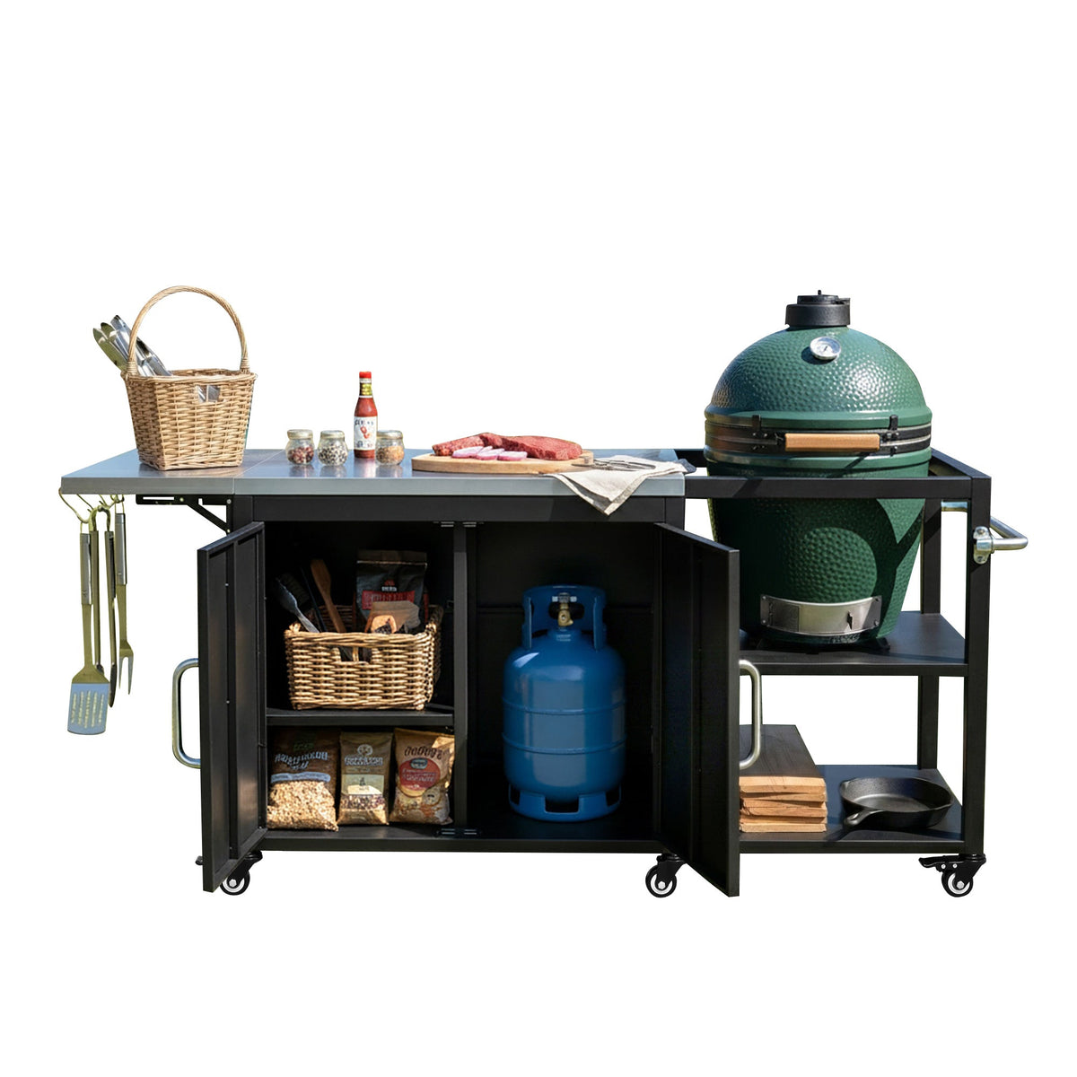 Roomfitters 76.6" Grill Cart with Stainless Steel Top and Kamado Nest, Folding Drop Leaf Prep Station, Mobile Cabinet, Black