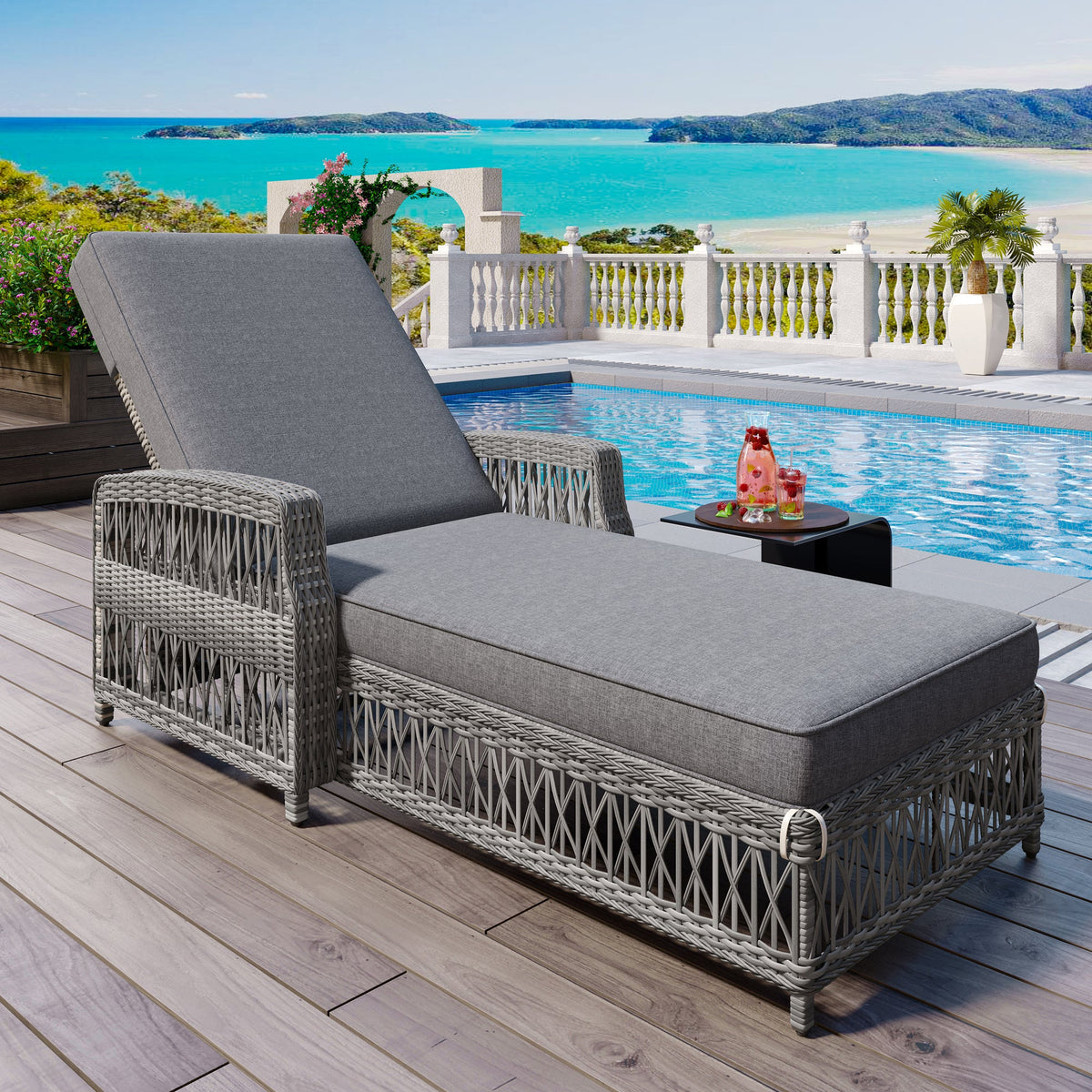 Roomfitters Outdoor Reclining Chaise, Wicker Lounge Chair with Armrests & Soft Cushions, Adjustable Poolside Recliner, Gray Roomfitters