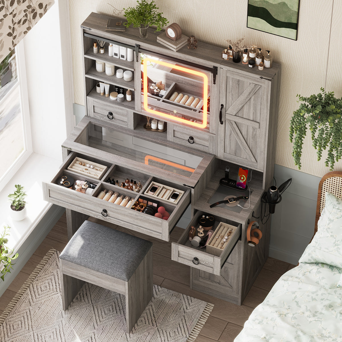 variant-group:rf-n733p340562g|Roomfitters Farmhouse Vanity Desk with Sliding Mirror & Lights, Glass Top, Charging Station, 4 Drawers, 2 Cabinets, Stool, Gray