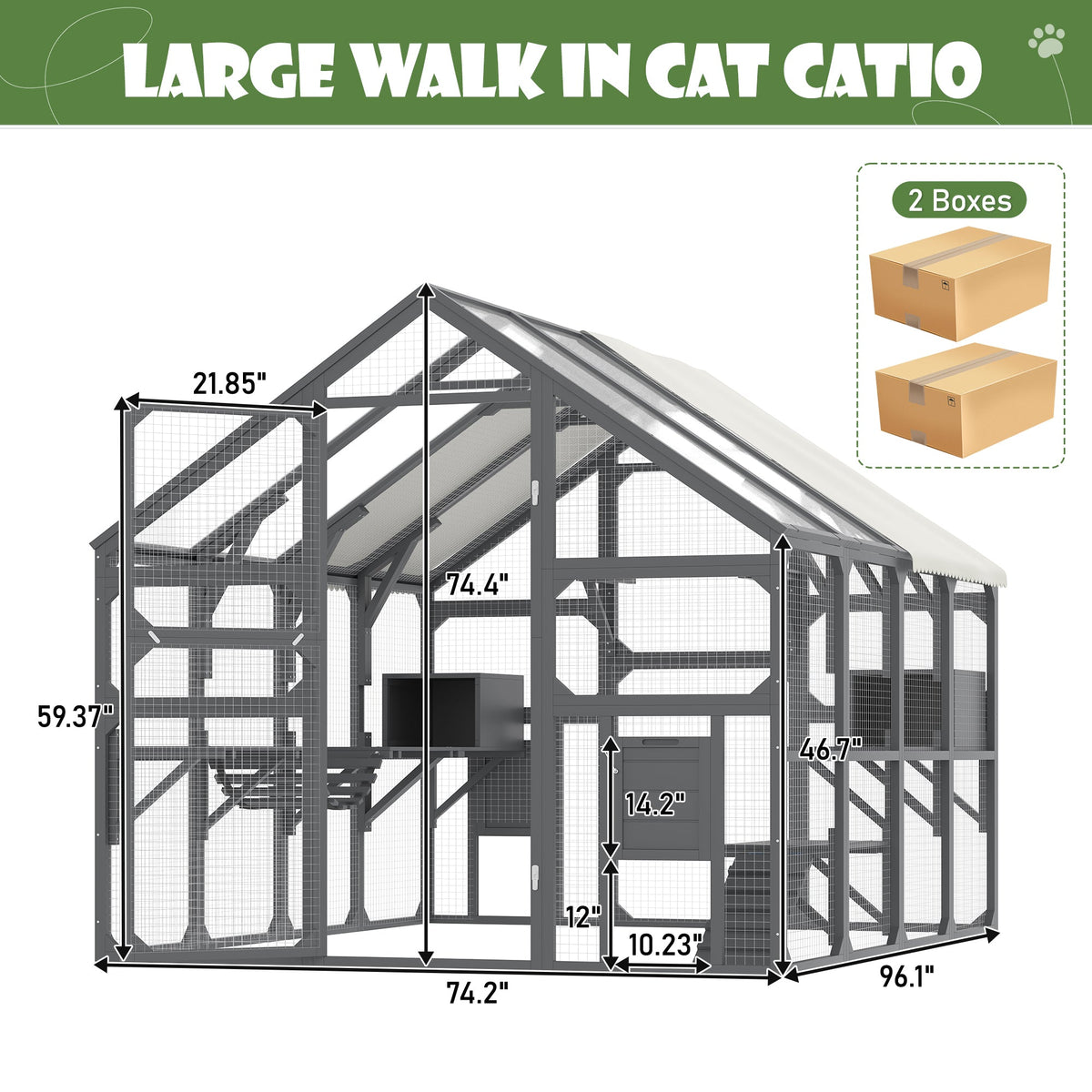 Roomfitters Large Catio Outdoor Cat Enclosure Wooden Cat House with 7 Platforms 2 Resting Boxes and Bridge Gray Roomfitters