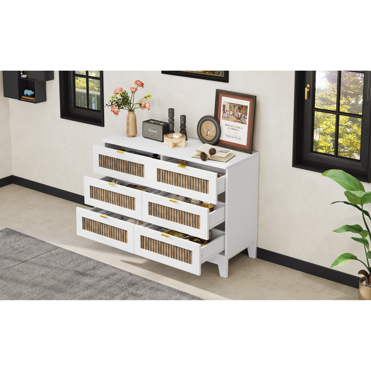 Roomfitters Elegant Dresser with Metal Handles and Glittering Decorative Accents, 6-Drawer Storage Cabinet for Bedroom and Living Room, White