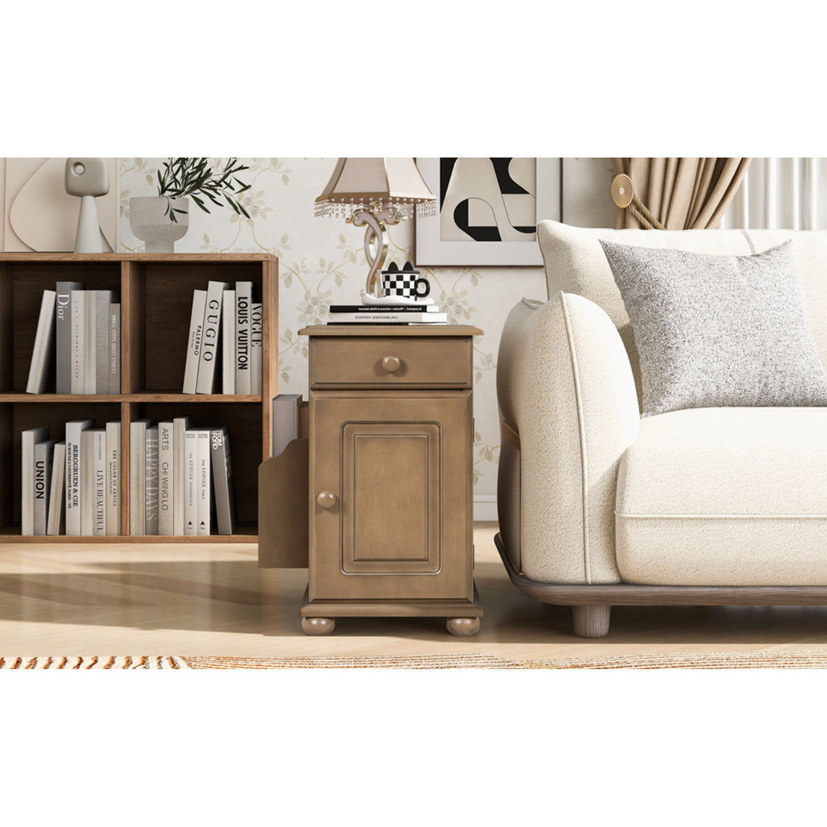 variant-group:rf-n724p293133d|Roomfitters Vintage Sofa Side Table with USB Ports, Flip Top, Cup Holders and Bookshelf Storage for Small Spaces, Brown