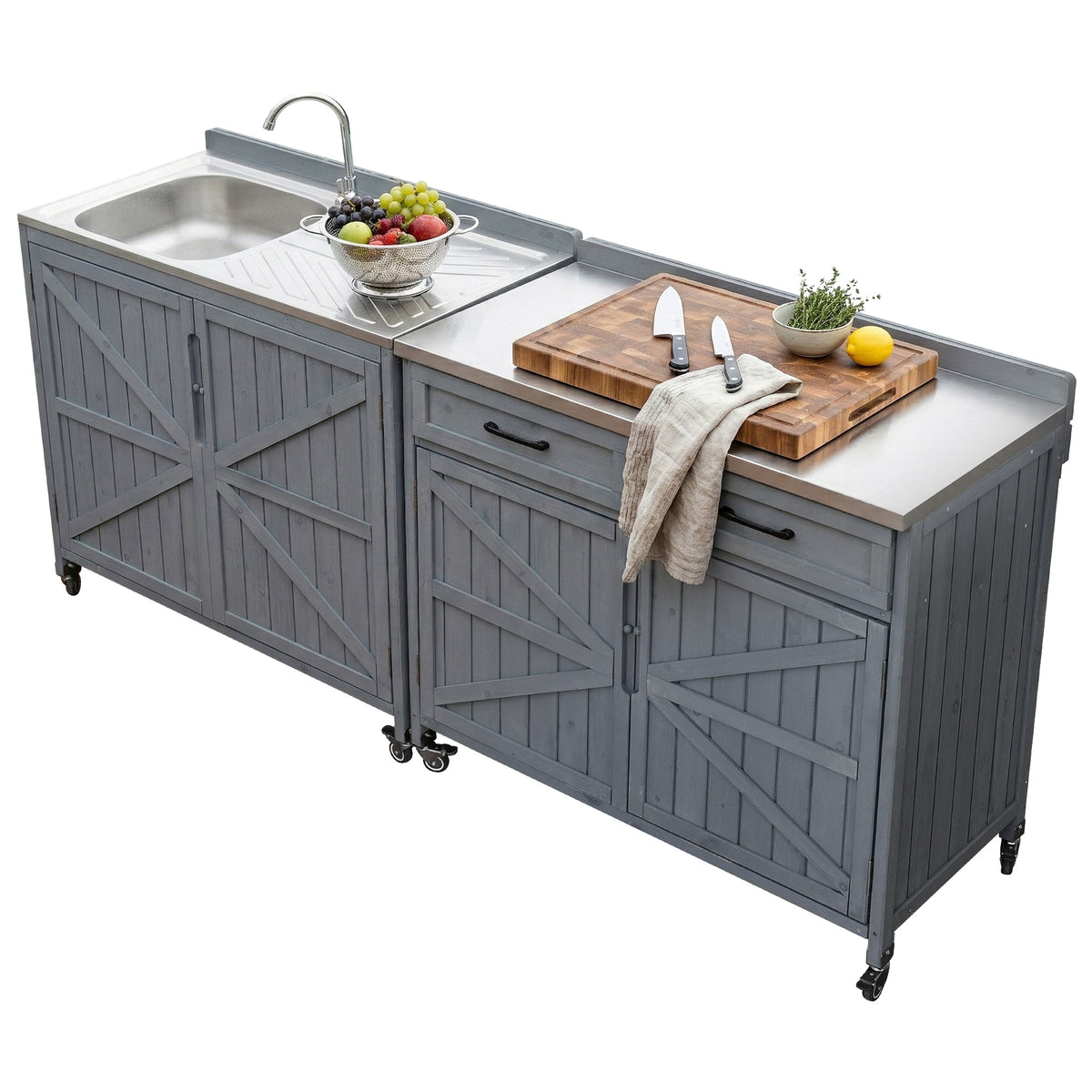 variant-group:rf-n707p370273g|Roomfitters 39.4" Grill Cart, Outdoor Kitchen Island with Stainless Steel Top, BBQ Prep Station with Storage Cabinet, Grey+Blue