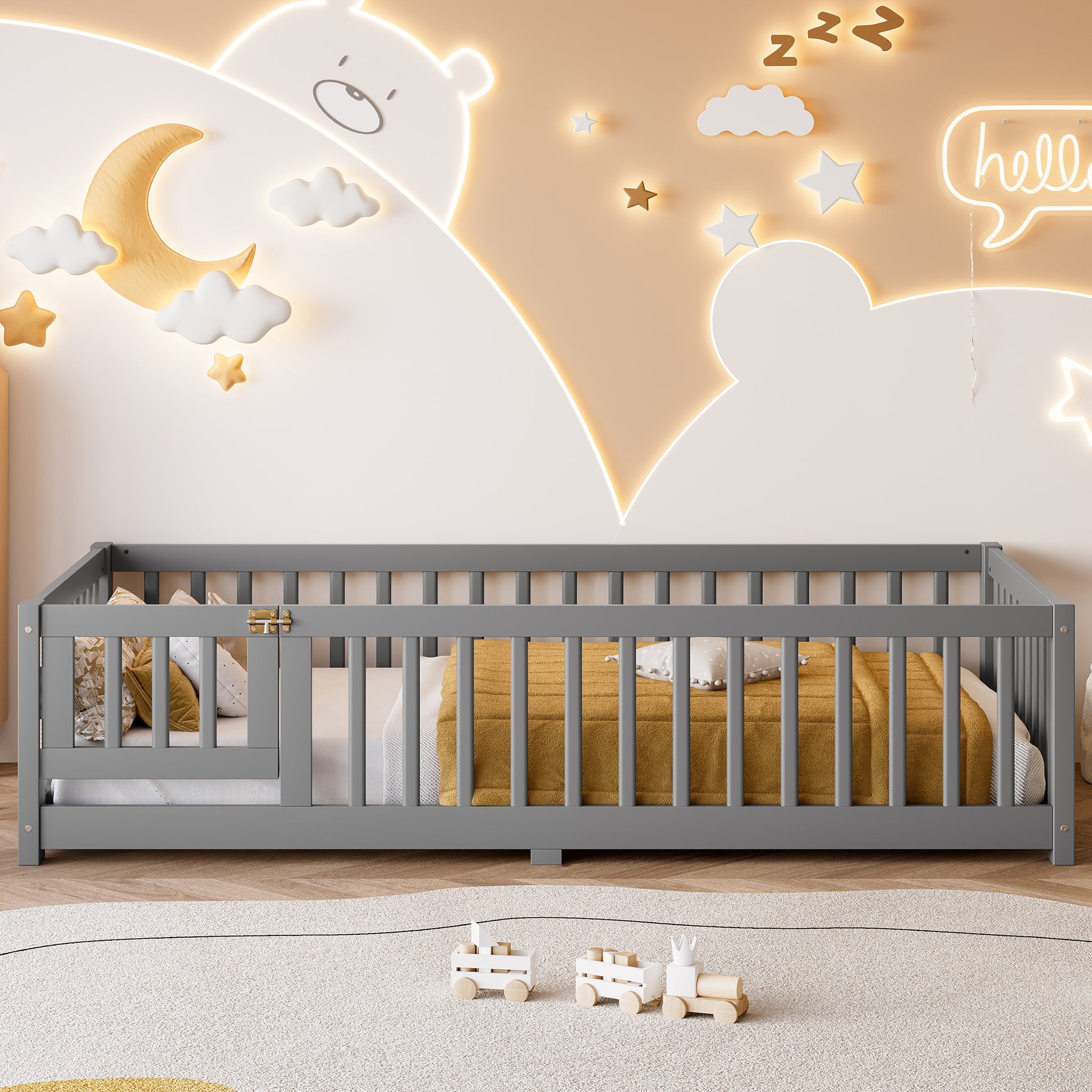 variant-group:rf-w1580p338948|Roomfitters Wooden Twin Floor Bed Frame with Door & Safety Guardrails, Low Platform Design for Bedroom or Playroom, Gray