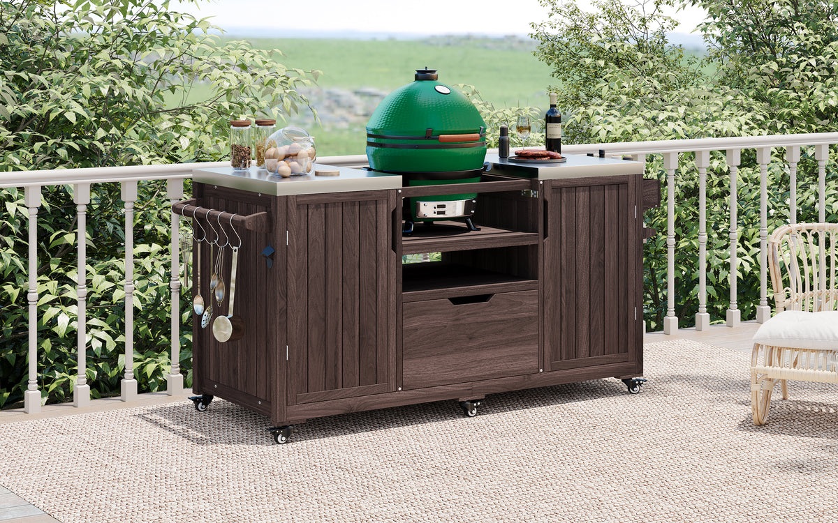 variant-group:rf-n707p250629z|Roomfitters 66.5" Outdoor Kitchen Island for Big Kamado Grills, Wood Grill Cart with Stainless Steel Top, Storage, Dark Brown