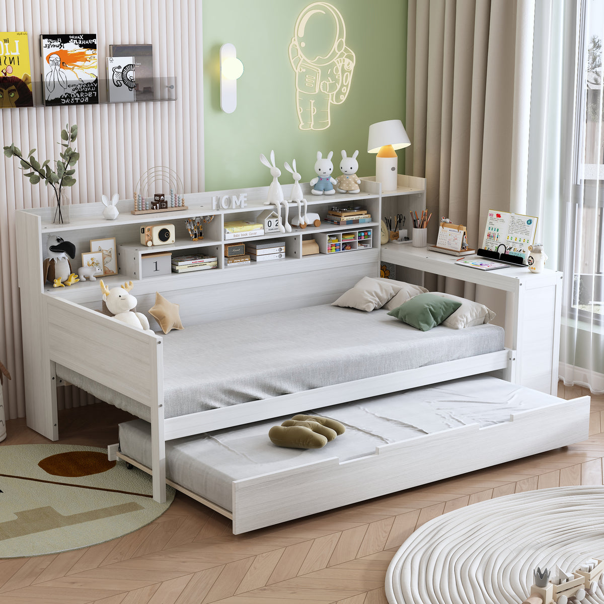 variant-group:rf-n733s373389k|Roomfitters Twin Daybed with Trundle, Storage Shelves and Desk, Wooden Multi-Functional Bed, Antique White