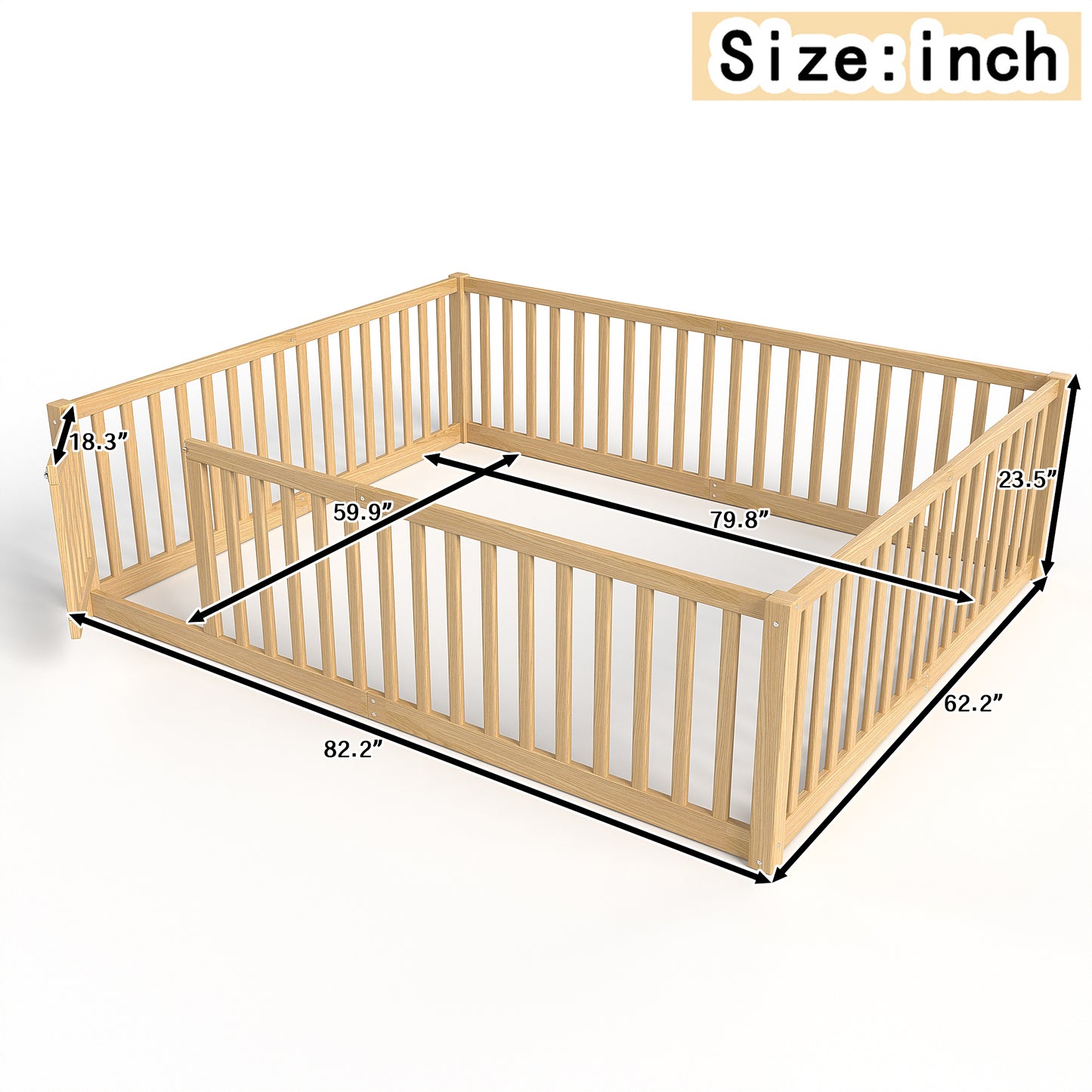 variant-group:rf-w1580p417673|Roomfitters Queen Size Wooden Floor Bed with Safety Guardrails Door, Solid Wood Low Profile Toddler Bed Frame, Natural