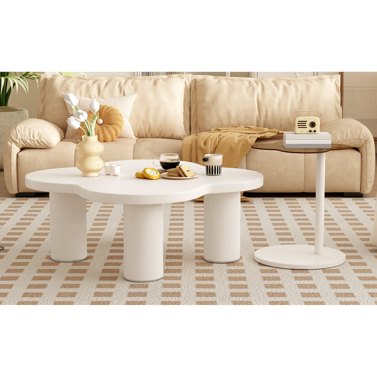 Roomfitters Modern Coffee Table Set of 2 with Irregular Shape and Glass End Table, Roman Column Legs, White Roomfitters