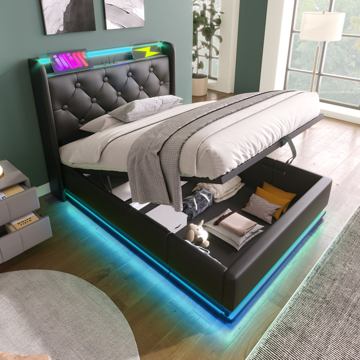 variant-group:rf-n736p188805b|Roomfitters Twin Size Upholstered Storage Bed with USB Type-C Charging and Remote Control, Faux Leather Black