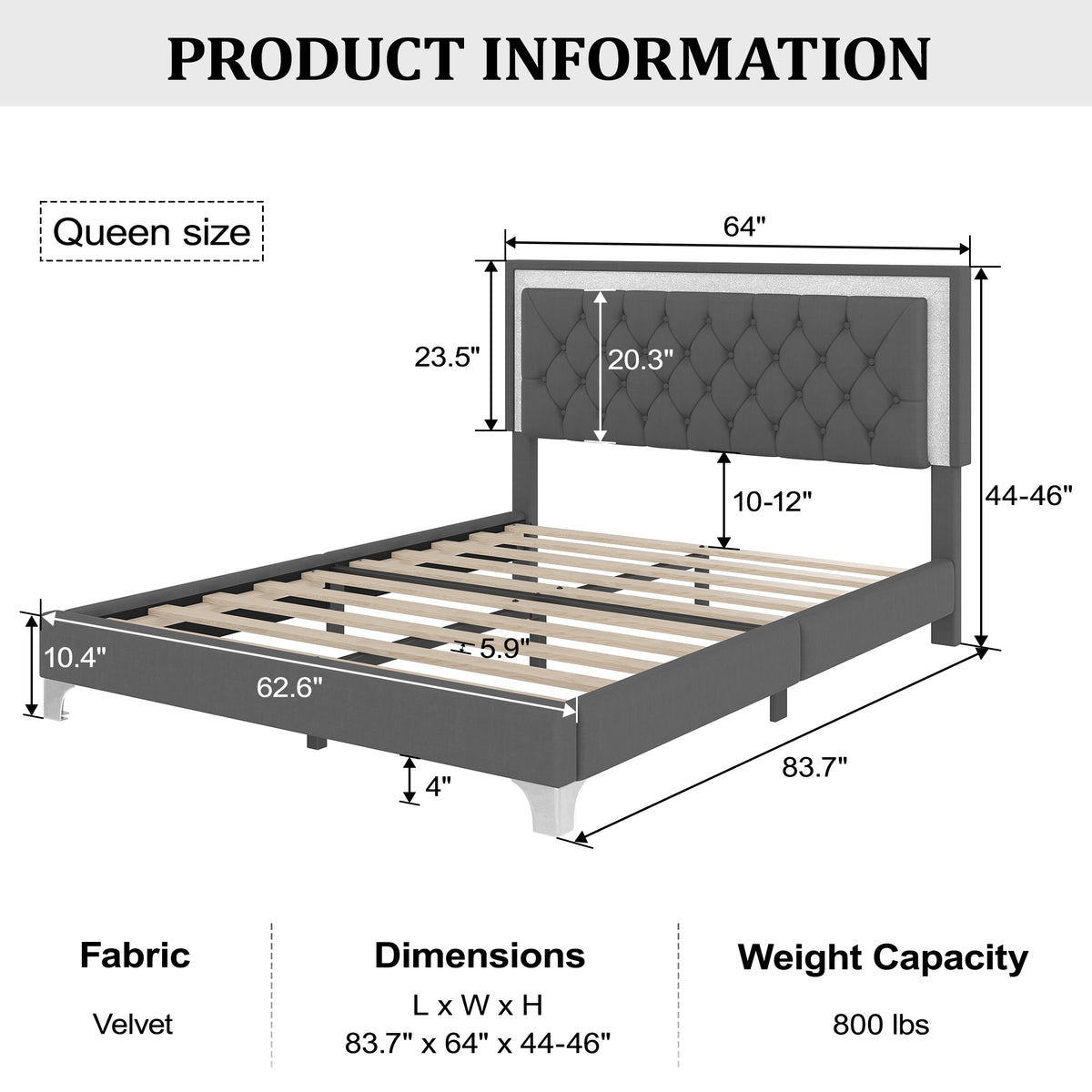 variant-group:rf-n733p183657e|Roomfitters Modern Velvet Queen Platform Bed with Tufted Headboard and Built-In Lighting, Gray