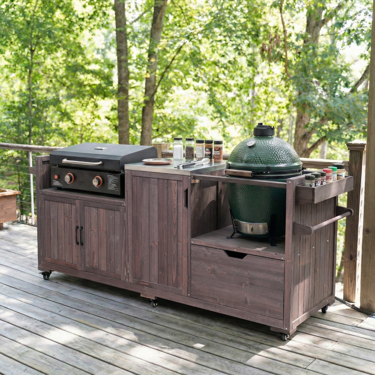 variant-group:rf-n707p392140z|Roomfitters 80.5" Extra Large Grill Cart, Outdoor Kitchen Prep Station with Stainless Steel Top & Kamado Grill Stand, Dark Brown