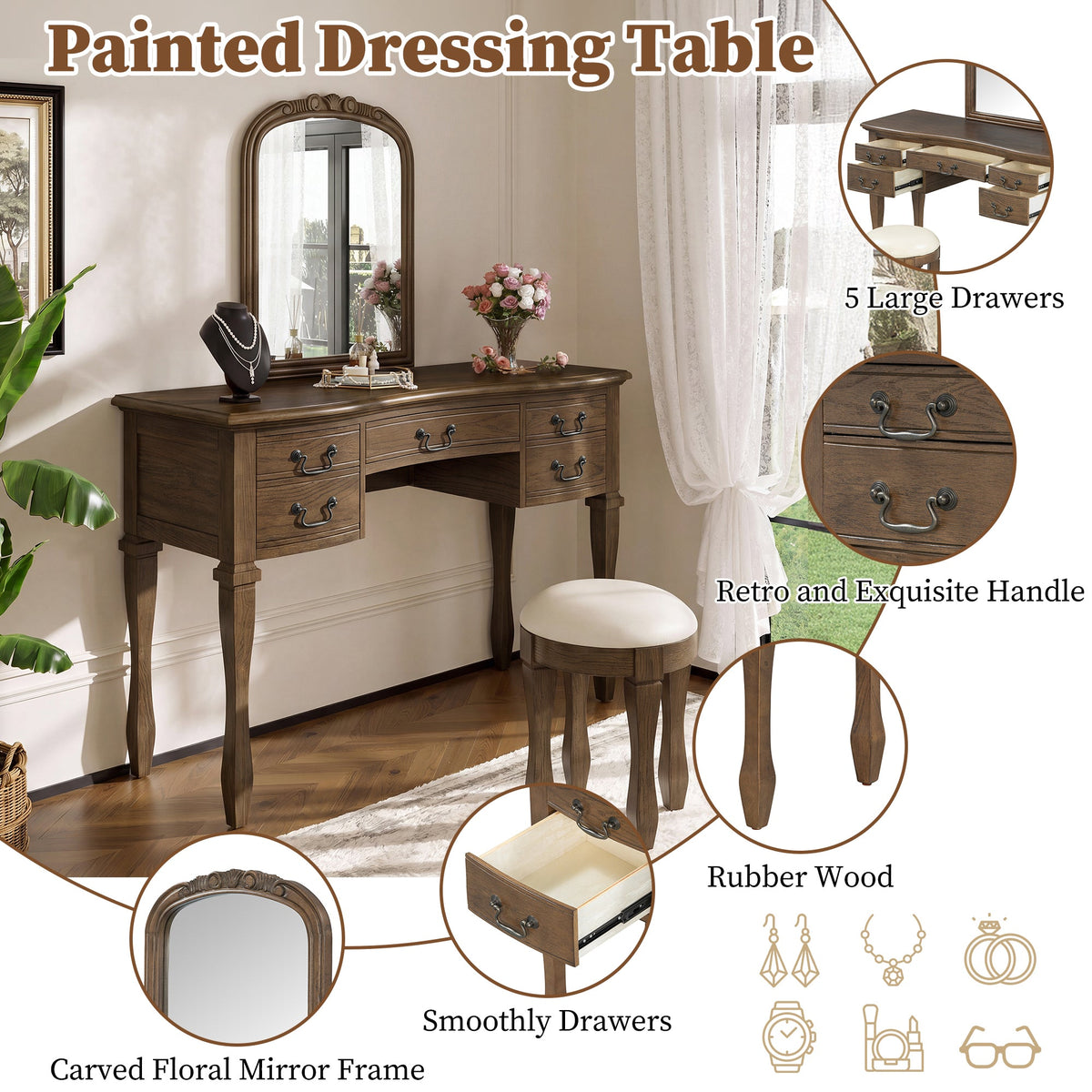 Roomfitters 46-Inch Vintage Makeup Vanity Table with Curved Flower Frame Mirror and Upholstered Leather Stool Espresso Roomfitters