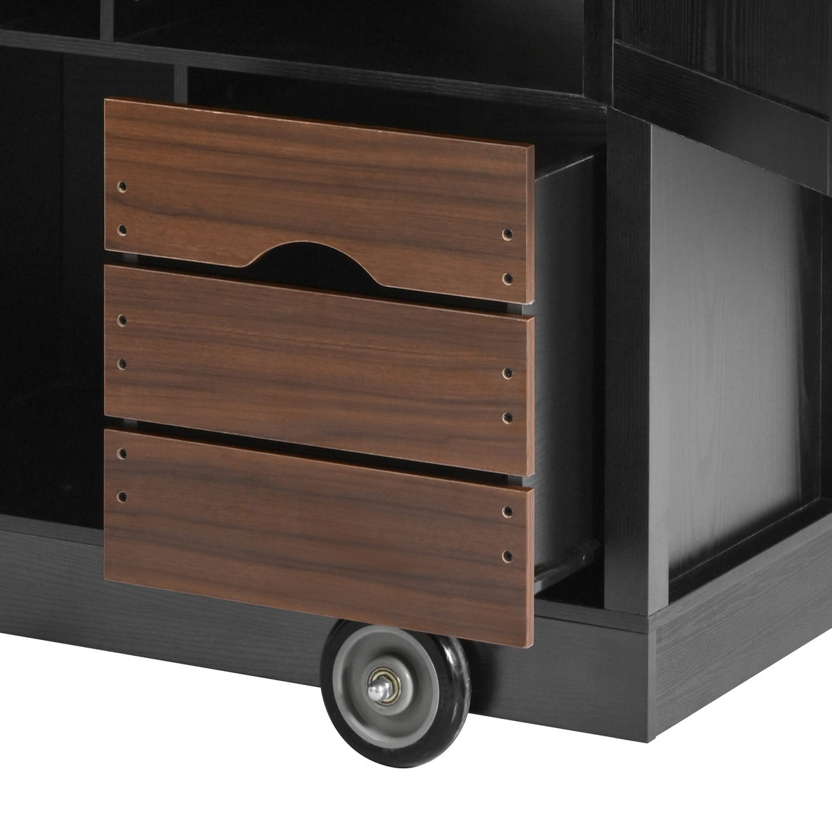variant-group:rf-n707p349814b|Roomfitters 54" Farmhouse Kitchen Island with Drop Leaf, Power Outlet, Wine Rack, 2 Drawers, 2 Doors, Black
