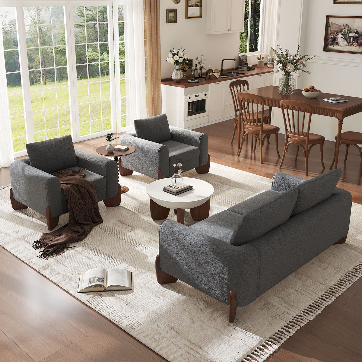 variant-group:rf-n711wy000479aae|Roomfitters Modern 3-Piece Living Room Sofa Set, Bouclé Fabric Loveseat and 2 Armchairs Pack, Grey Pinewood Lounge