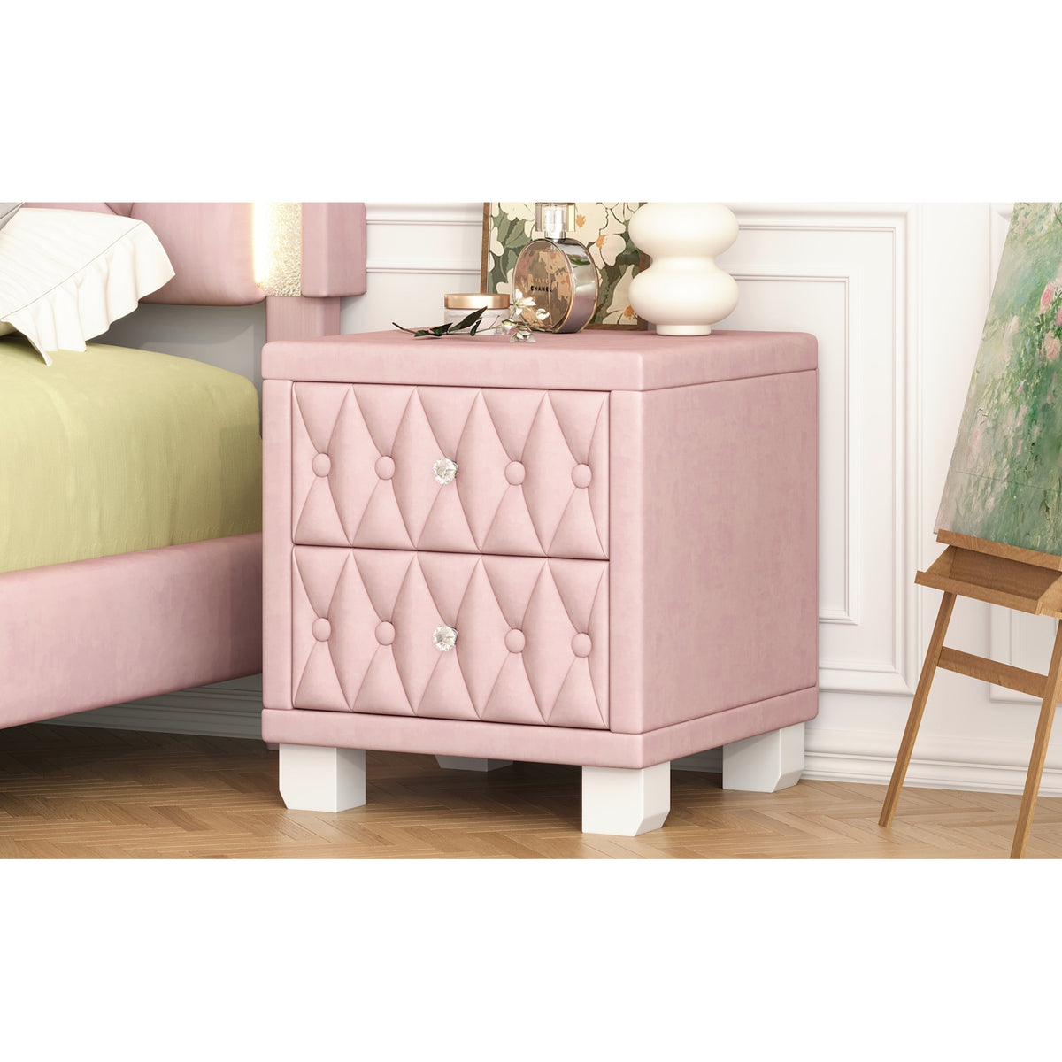 variant-group:rf-n733p210398h|Roomfitters Velvet Nightstand with Crystal Handles, Button-Tufted Upholstered Bedside Table with Two Storage Compartments, Pink