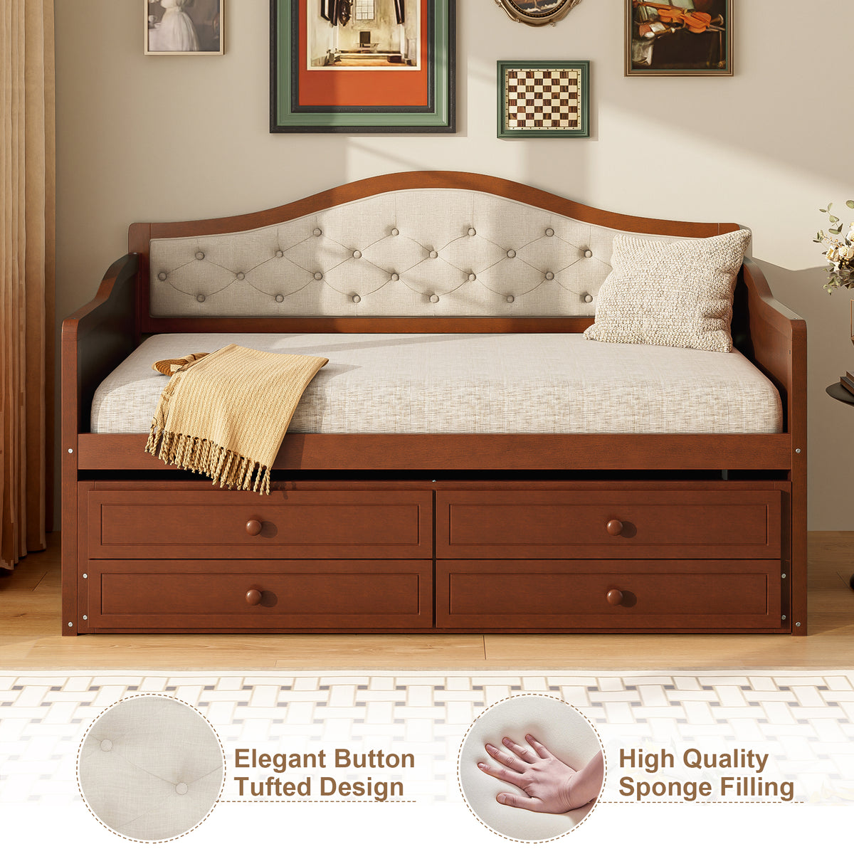 variant-group:rf-n733s346767d|Roomfitters Twin Daybed with Trundle, Wooden Sofa Bed with 2 Storage Drawers & Tufted Backrest, Walnut
