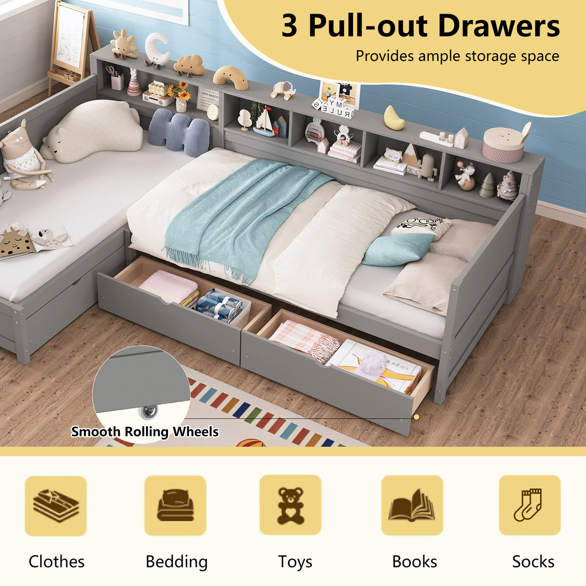 variant-group:rf-n733s369272e|Roomfitters Twin L-Shaped Daybed for 2 with 3 Storage Drawers, Wooden Corner Bed Frame with Bookshelf for Bedroom, Gray