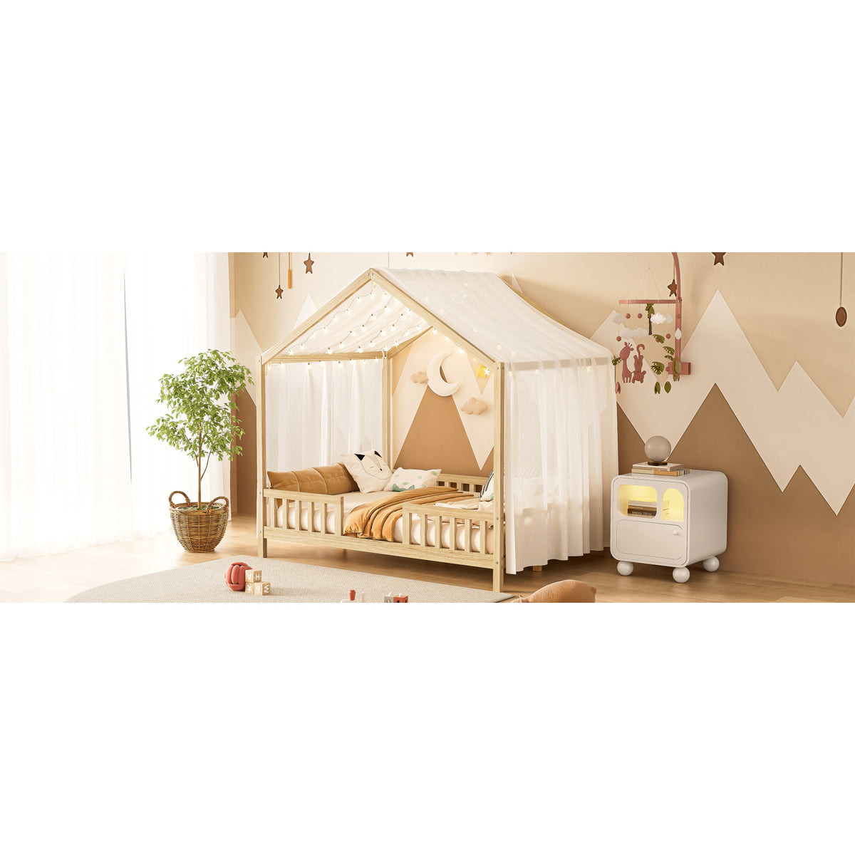 variant-group:rf-n733p356048m|Roomfitters Full Montessori Floor Bed with Canopy, House Shape Wood Frame with Safety Rails, Platform Bed, Natural