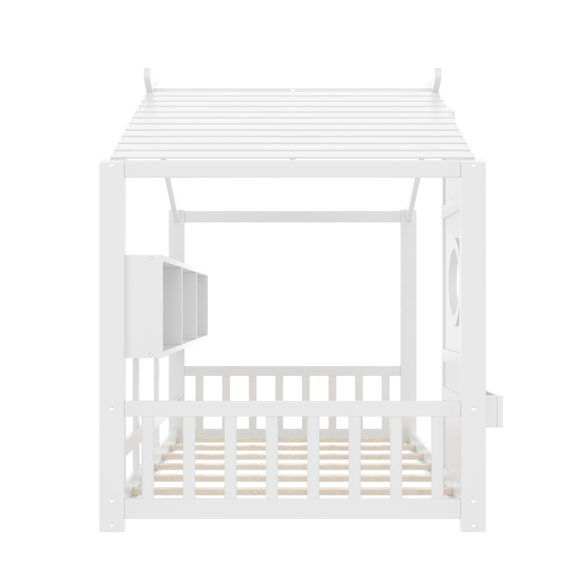 variant-group:rf-n733p335064k|Roomfitters Twin Size Floor House Bed with Storage Shelf and Roof Design, Montessori Playhouse Bed, White