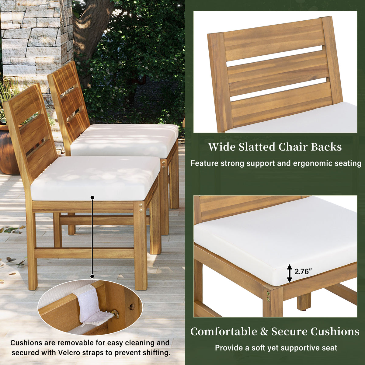 variant-group:rf-n711wy000497aaa|Roomfitters Farmhouse 5-Piece Outdoor Dining Set for 4, Acacia Wood Table and Chair Pack, Beige and Natural Slatted