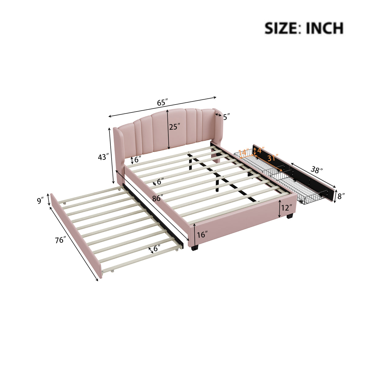 variant-group:rf-n733s208132h|Roomfitters Twin Size Trundle Upholstered Platform Bed with Wingback Headboard and 2 Drawers, No Box Spring Needed, Linen Fabric, Queen Size, Pink