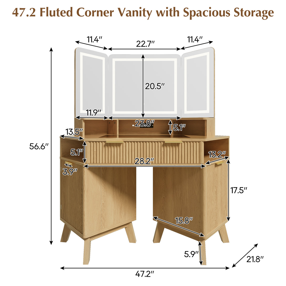 variant-group:rf-n704p392485n|Roomfitters 47.2" Corner Makeup Vanity Desk with 3-Panel LED Mirror, Glass Top, Charging Station and Storage Hutch, Oak